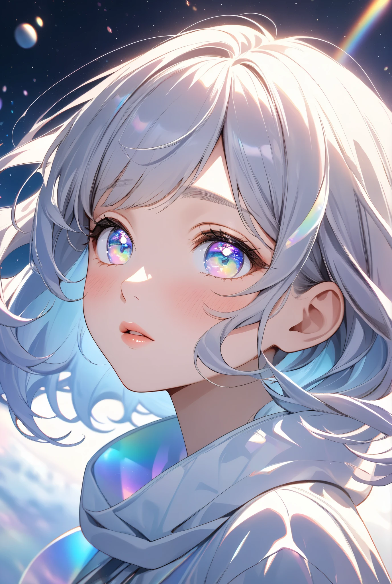 ultra highres,
perfect lighting,
divine close-up of Dolshy's face,
capturing every micro-expression,
iridescent eyelashes casting prismatic shadows,
lips slightly parted with visible breath fog,
eyes reflecting infinite depth,
subtle blush gradients on cheeks,
strands of hair floating in zero gravity,
celestial background blur