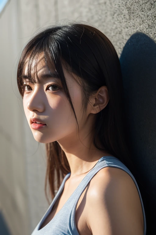 whiteroom, 1 person, Japanese woman, look at the camera, H~I cup, model's expression, silver ratio, cute, middle black hair, Tank top, Shiny skin, Sweaty body, Dramatic lighting, Huge breath, (8K, 4K, Best Quality, High Definition, Ultra High Definition: 1.1), (Masterpiece, Realistic, Photorealistic: 1.1), #tarasuzuka24
