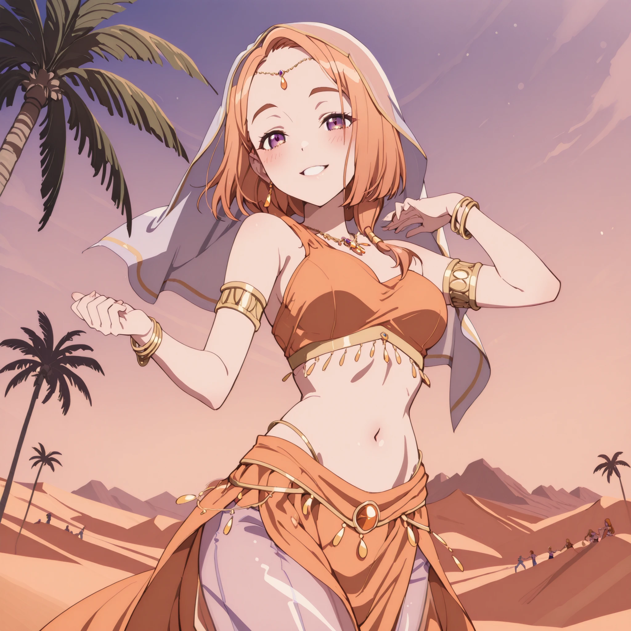 (1girl:1 . 5) , (Seul:1 . 5) , score_9 , score_8_haut , score_7_haut , source_anime , Official work  , ultra-detailed , masterpiece , best quality plaid shorts , high res , beaux yeux , detailed eyes , Detailed Face , beautiful detailed eyes ,The Shiunji Family Children,Banri Shiunji, Arabian Clothes , Arabian Dancer ,belly dancer costume , veil , golden jewelery,harem outfit, harem skirt, harem pants, transparent pants, belly dancing, harem veil , desert landscape,palm tree, seductive smile, dancing with veil, dynamic movement, seductive pose,sexy pose