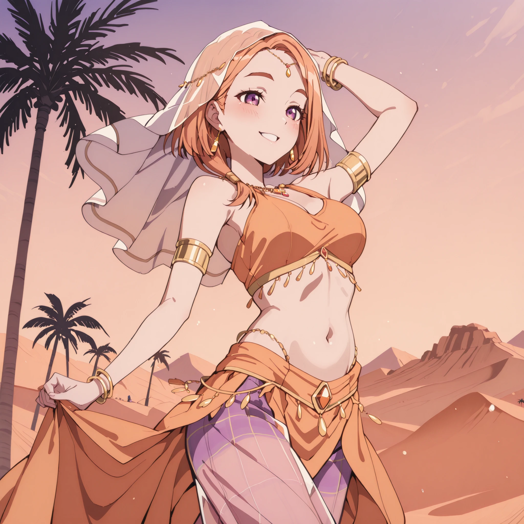 (1girl:1 . 5) , (Seul:1 . 5) , score_9 , score_8_haut , score_7_haut , source_anime , Official work  , ultra-detailed , masterpiece , best quality plaid shorts , high res , beaux yeux , detailed eyes , Detailed Face , beautiful detailed eyes ,The Shiunji Family Children,Banri Shiunji, Arabian Clothes , Arabian Dancer ,belly dancer costume , veil , golden jewelery,harem outfit, harem skirt, harem pants, transparent pants, belly dancing, harem veil , desert landscape,palm tree, seductive smile, dancing with veil, dynamic movement, seductive pose,sexy pose