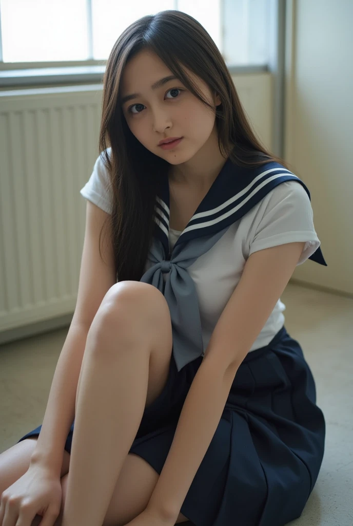 ((highest quality、8k、masterpiece:1.3)),((((fullbody shot)))),Ultra-high resolution,big eyes,Japanese,bangs,(a girl),(1 girl),((20 years old)),((facing at viewer)),(long hair),(((black sailor uniform))),grin,((squatting)),(pleated mini skirt),(((pussy))),((pubic hair)),((skirt lift)),(((short crew socks)))