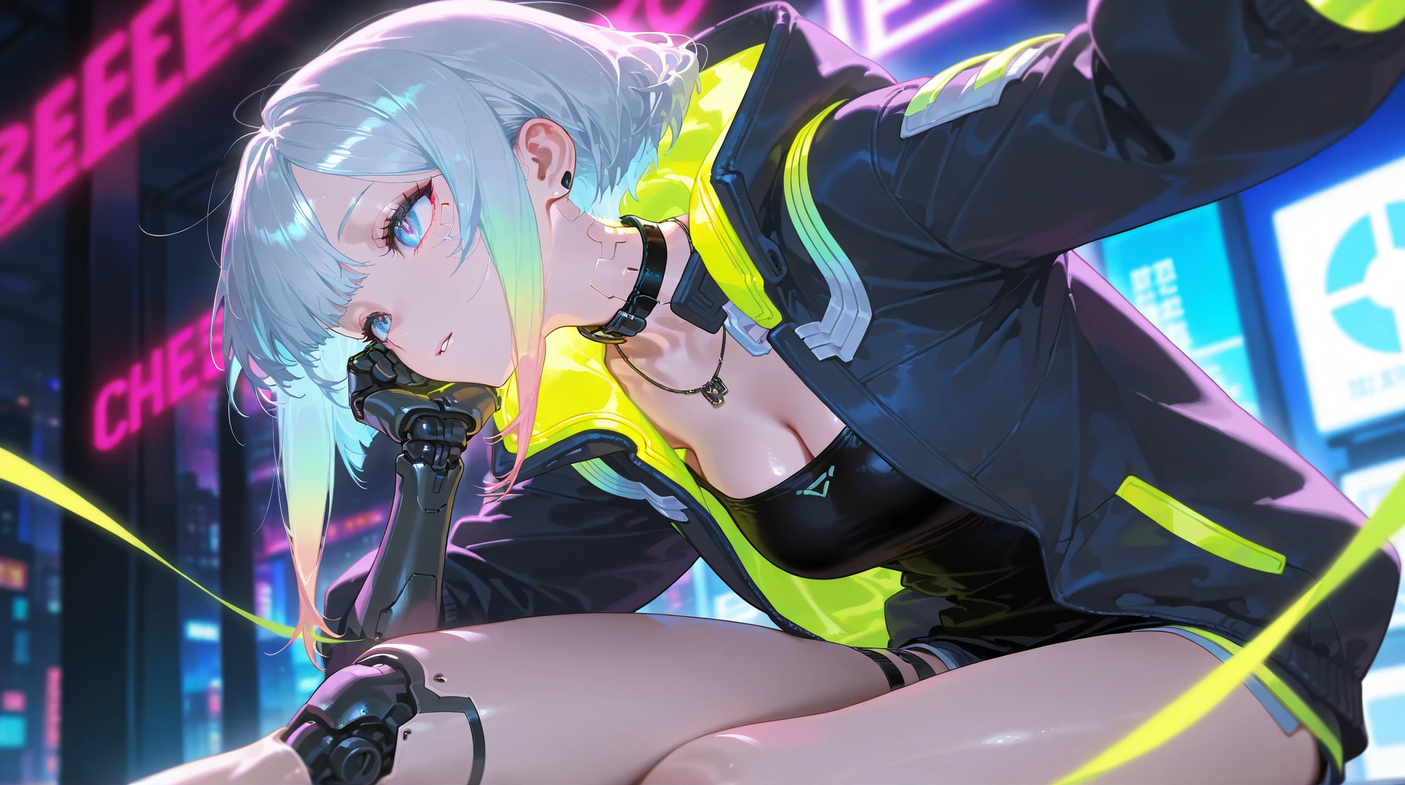 (best quality,highres:1.2),ultra-detailed,realistic,photorealistic:1.37,a beautiful girl (Anby Demara - Zenless Zone Zero) model in a pop style,18 years old,long legs,medium breasts,extremely detailed face (with emphasis on azure eyes),Her white-colored hair falls to her shoulders,She is dressed in provocatively erotic outfits that emphasize her slender sexy body,bent down, lifting her ass to the top,more sexy pose,illustration,colorful pop art style,dynamic lighting,neon colors.Nsfw