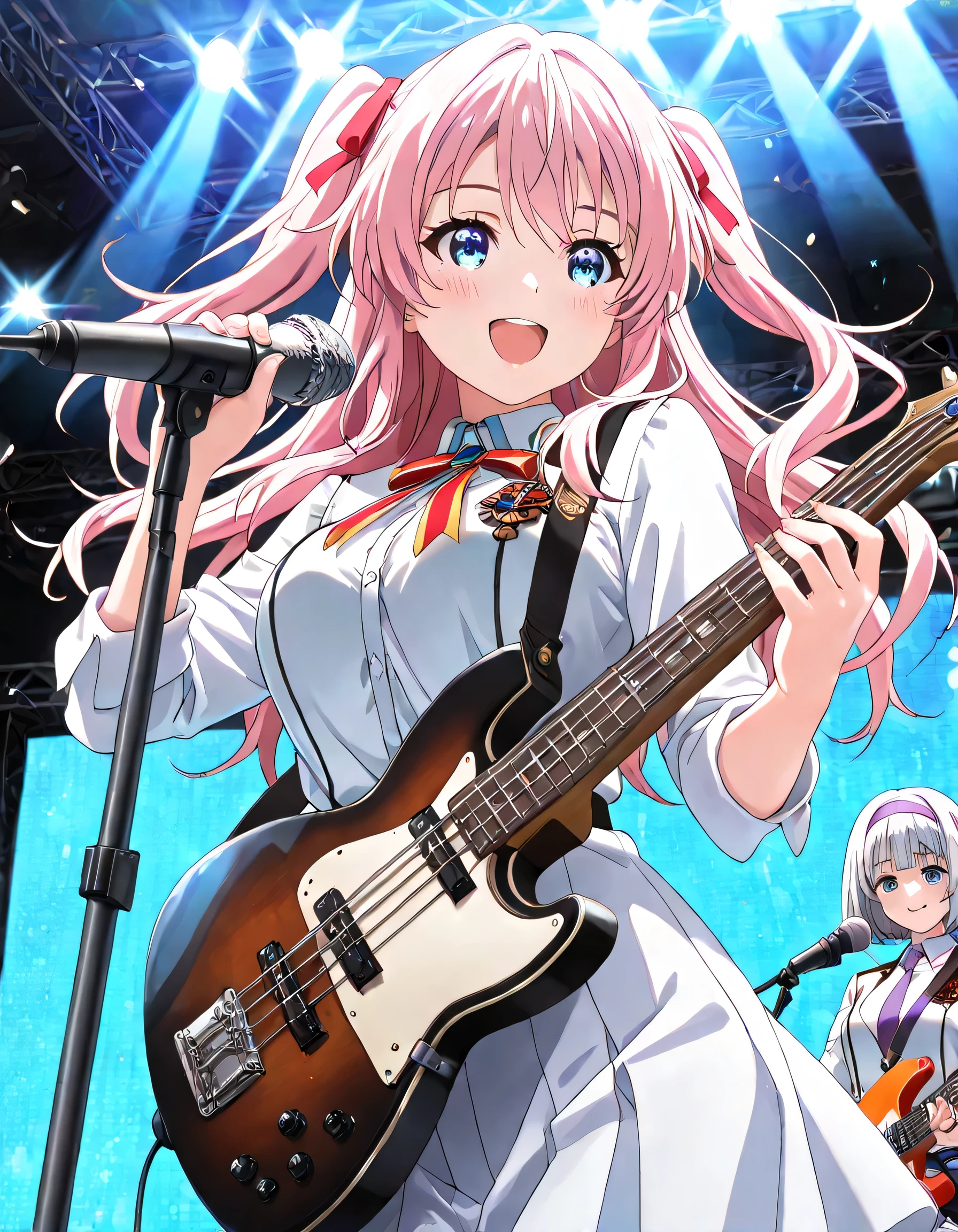 ((ultra-detailed)), (highly detailed CG illustration), (best quality:1.2), ultra-highly detailed, colorful composition, artistic photoshoot, 2girls, duo focus, Yuri:1.3, back-to-back:1.4, upper body:1.2, cowboy shot, moe anime character, super popular super idol:1.3,  on idol stage, round face, rounded chin:1.2, short stature, french air force light blue uniform with gold decoration during World War II, white collar inner shirt, pale purple tie:1.4, medal on breast with red ribbon:1.3, sam brown belt with shoulder strap:1.3, BREAK

(Girl A is Yumeori:1.2), blue eyes, sagging eyes:1.3, pale pink hair color, bob cut, pale purple headband, middium breasts, open mouth, smile1.3, (microphone stand:1.4),  electric_guitar, playing_instrument, singing in the live venue:1.4, BREAK
 
(Girl B is Marika:1.2), blue eyes:1.3, sagging eyes:1.3, silver hair:1.3, long hair, two side up,  hair ribbon with black, ample breasts, smile1.3,  electric_bass, playing_instrument, BREAK

 enthusiastic audience, shoot from below, dynamic pose, contrapposto pose, best quality, masterpiece, expecting, pink cheek, blush, light pink gloss slip, portrait, depth of field, shining lighting, sidelighting, shine, lighting, caustics, ray tracing,  perfect face, lustrous skin, highly detailed face, highly detailed eyes, perfect face, perfect nose, perfect hair, perfect eyes, perfect anatomy, beautiful hair, beautiful small face, extremely detailed face, beautiful detailed eyes, beautiful clavicle, beautiful body, beautiful breasts, leavage, breasts squeezed together, equalize the size of the left and right breasts, beautiful thin thighs,  beautiful legs, beautiful fingers, 4 fingers, 1 thumb, lovely, (very detailed background:1.0), (highly detailed background:1.0), intricate details, enthusiastic atmosphere, colorful and sparkling colors palette, chromatic aberration
