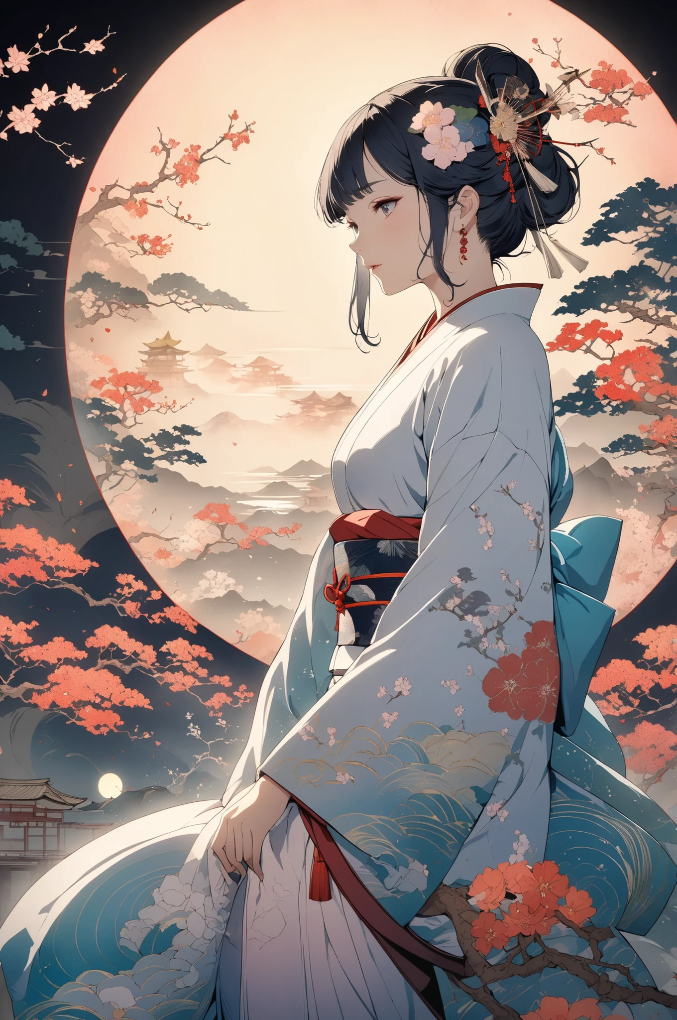 Masterpiece, 8K resolution, ethereal beauty, delicate lighting, Japanese ukiyo-e meets modern digital art, vibrant colors with soft glow, intricate details, perfect composition, cinematic atmosphere