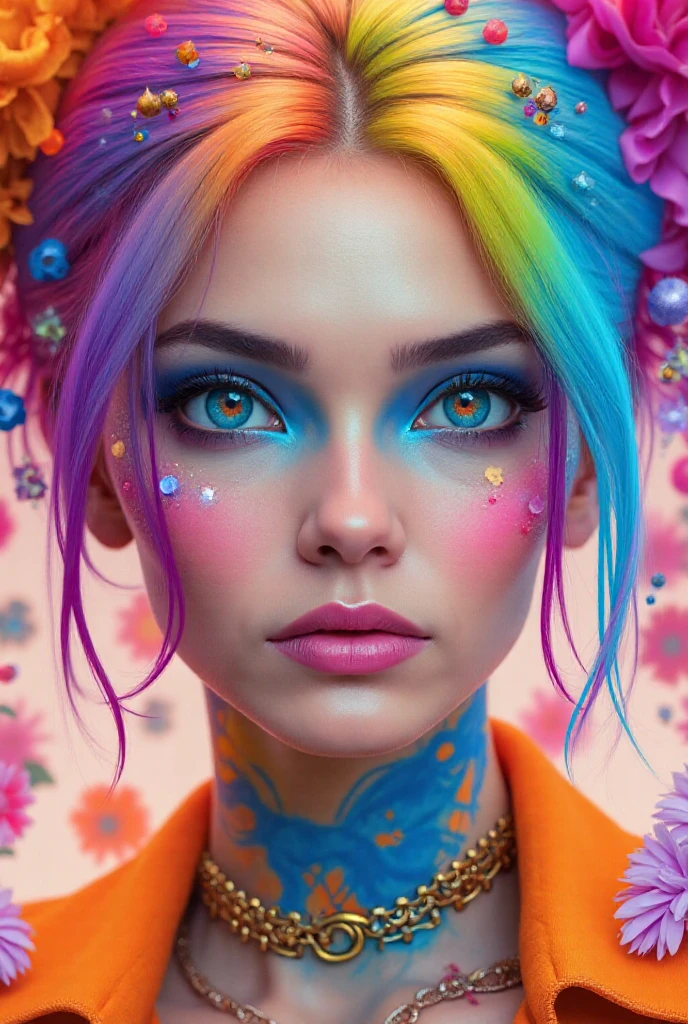 (((masterpiece))),(((best quality))),((ultra-detailed)),(illustration),(dynamic angle), ((floating)),(paint),((disheveled hair)), (solo),(1girl), ((very small_breasts)), (((detailed anima face))),((beautiful detailed face)),collar,bare shoulders, white hair, ((colorful hair)),((streaked hair)), beautiful detailed eyes,(Gradient color eyes),(((colorful eyes))), (((colorful background))),(((high saturation))),(((surrounded by colorful splashes))),(((surrounded by colorful dot))),colorful bubble,((shining)) cooorful jizz on her face, sexy, 16k, ultra realistic, very detailed, full figure, very skinny