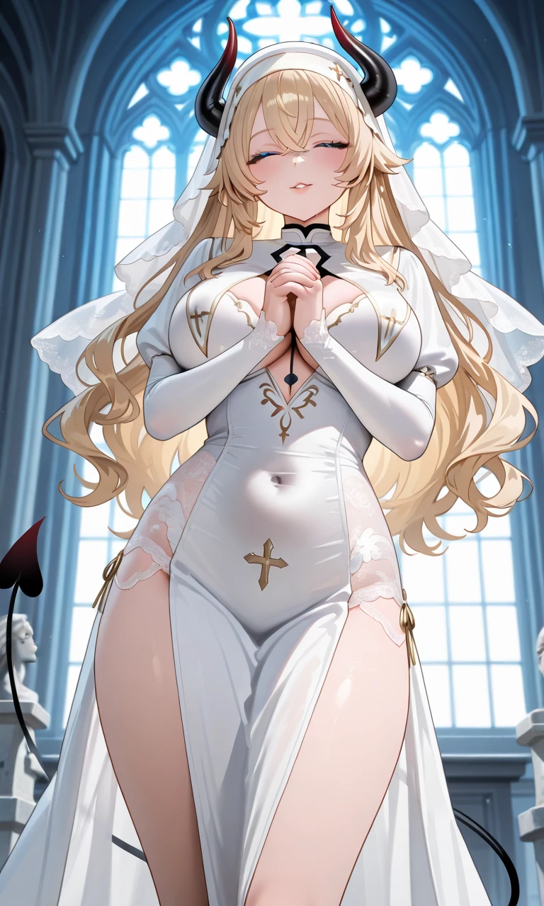 1girl, blindfold, breasts, blonde_hair, black_blindfold, long_hair, dress, solo, large_breasts, necklace, church, bare_shoulders, jewelry, white_dress, white_background<lora:knmm:1>