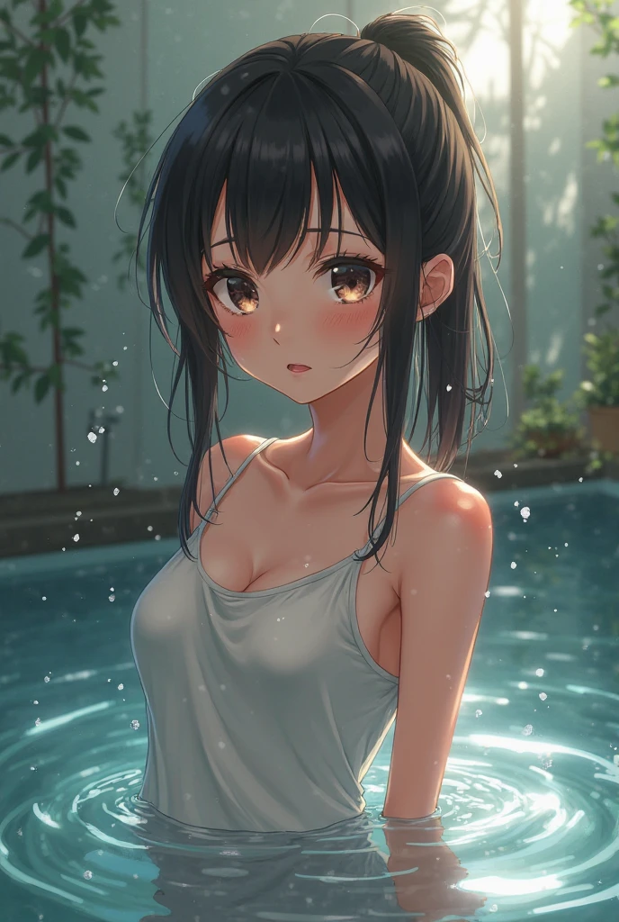 ((masterpiece, best quality)),((highres:1.2)), 1 Girl, solo, Blurred Background, (((Small breasts))), Thighs, (One piece swimsuit), pool, ((hard pose))