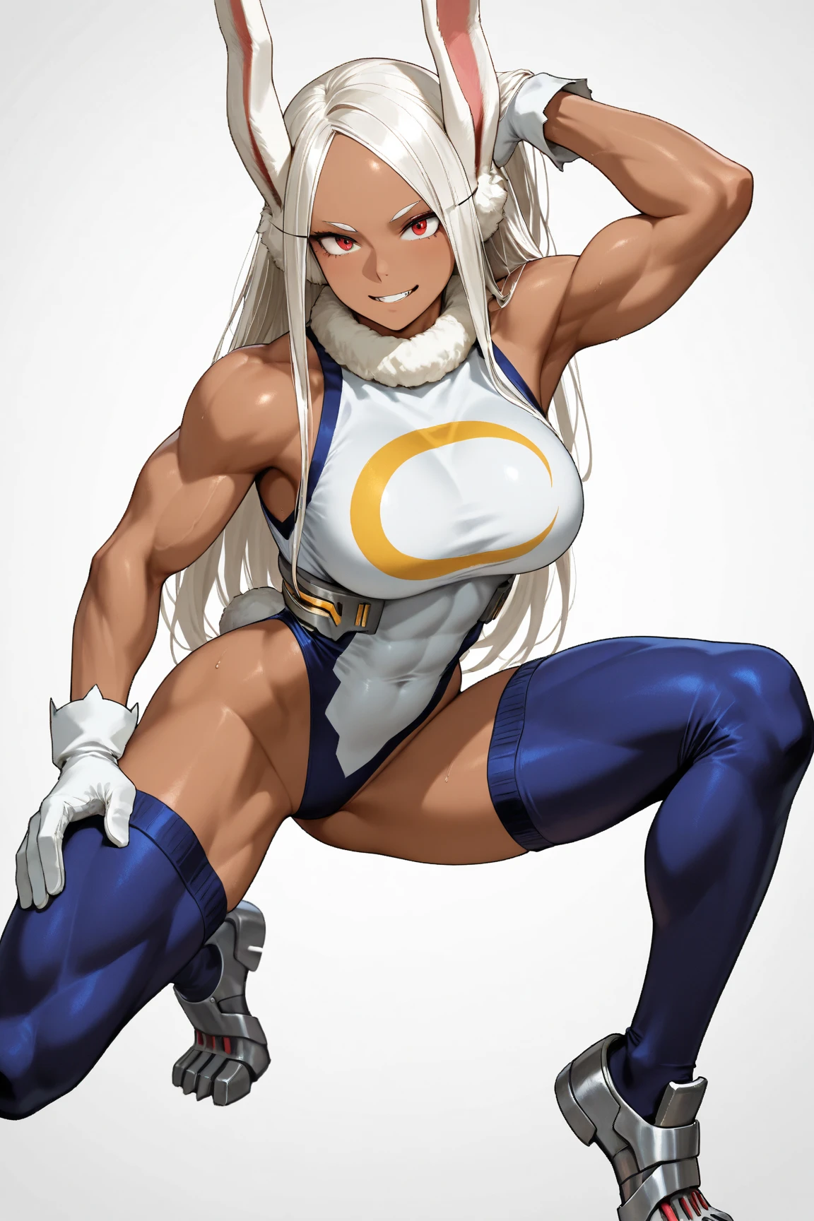 Score_9, score_8_up, score_7_up, source_anime, 1girl, rumi usagiyama, long hair, animal ears, white hair, dark skin, rabbit ears, dark-skinned female, muscular, rabbit girl, muscular female, red eyes, parted bangs,thighhighs, gloves, sleeveless, white gloves, leotard, turtleneck, highleg, highleg leotard, fur collar, sleeveless turtleneck, turtleneck leotard, sleeveless turtleneck leotard, crescent print,smile, sitting on top of a man, facesitting, 1man