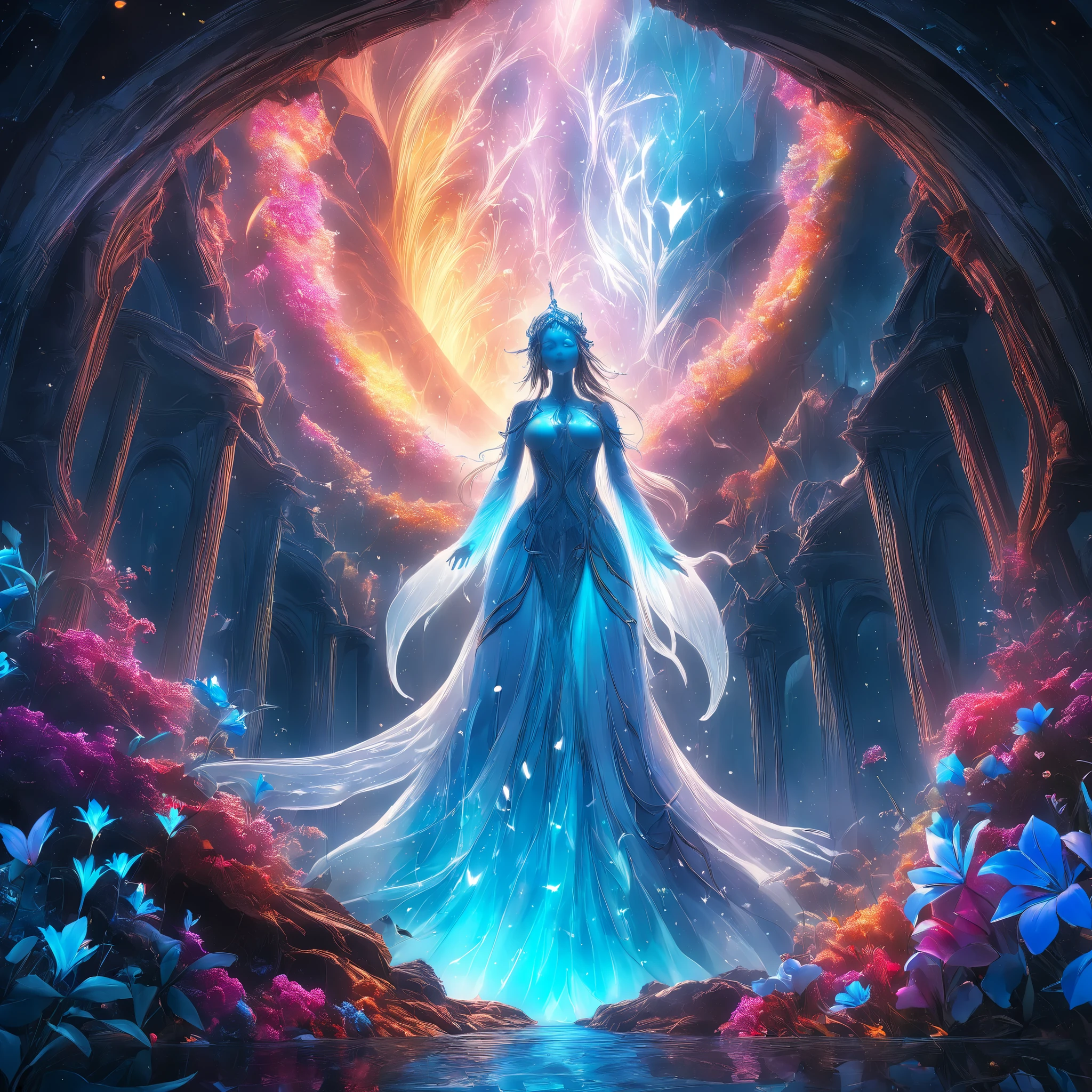 Ethereal beauty emerging from abyss, luminous glow, SDXL_ARW_LuminousAbyss-v1.10 masterpiece, hyper-detailed 8K, cinematic lighting, mystical atmosphere, perfect composition, vibrant yet deep colors, divine aesthetic