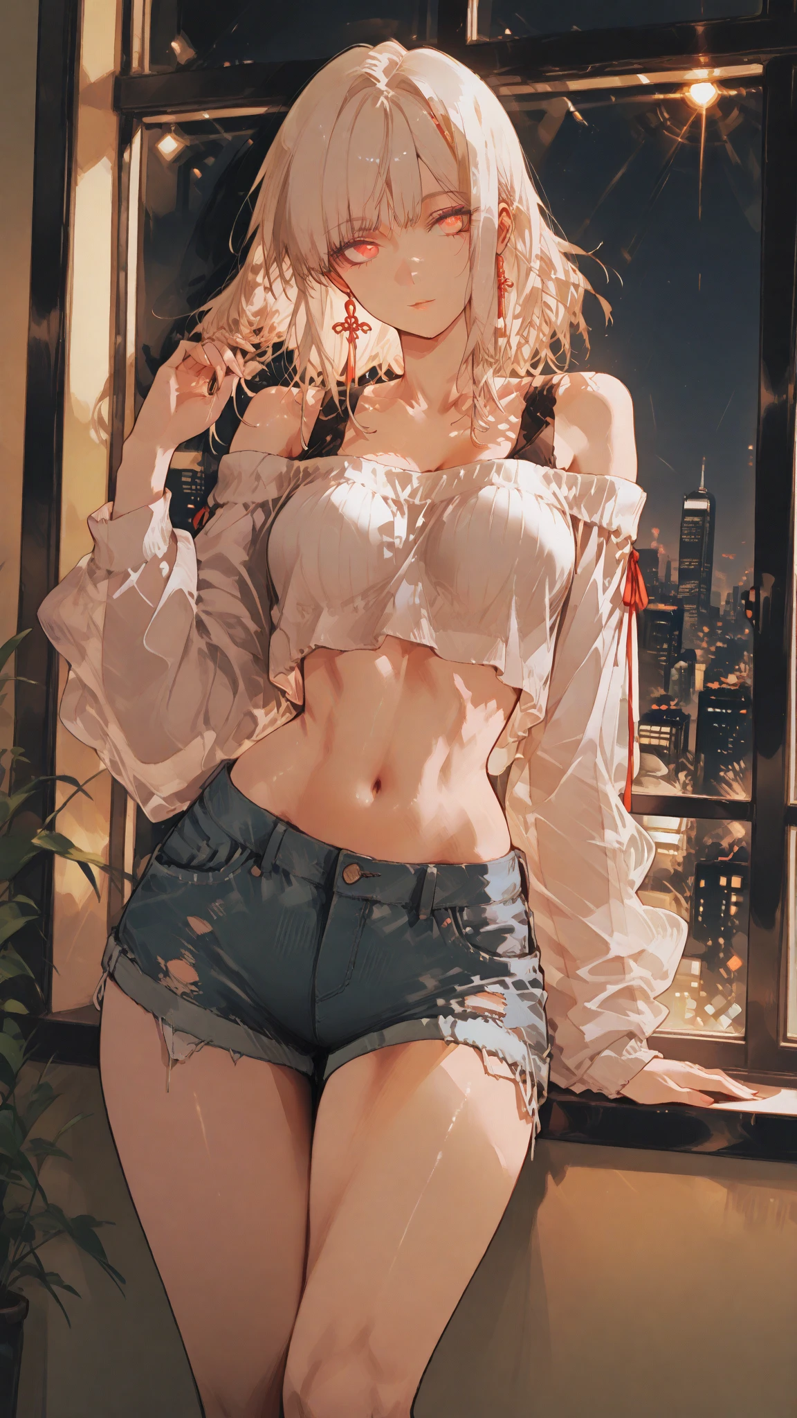 (), big ,(masterpiece), Highest quality, Very detailed, (watercolor), bloom, Delicate and beautiful, figure, (From below),(One girl:1.4), (alone:1.2), Large Breasts, (Ribbed sweater:1.3), Off-the-shoulder sweater, (Short shorts:1.2), Bare shoulders, (Underbust), ((Dark Skin:0.8)), Beautiful Eyes, (Disheveled Hair ), photograph, Over the shoulder shot, Alex Maleev, Professional, Canon Camera, Nikon Camera, sharp, Bokeh, Studio Quality, Fisheye Lens, Robert Capa ,