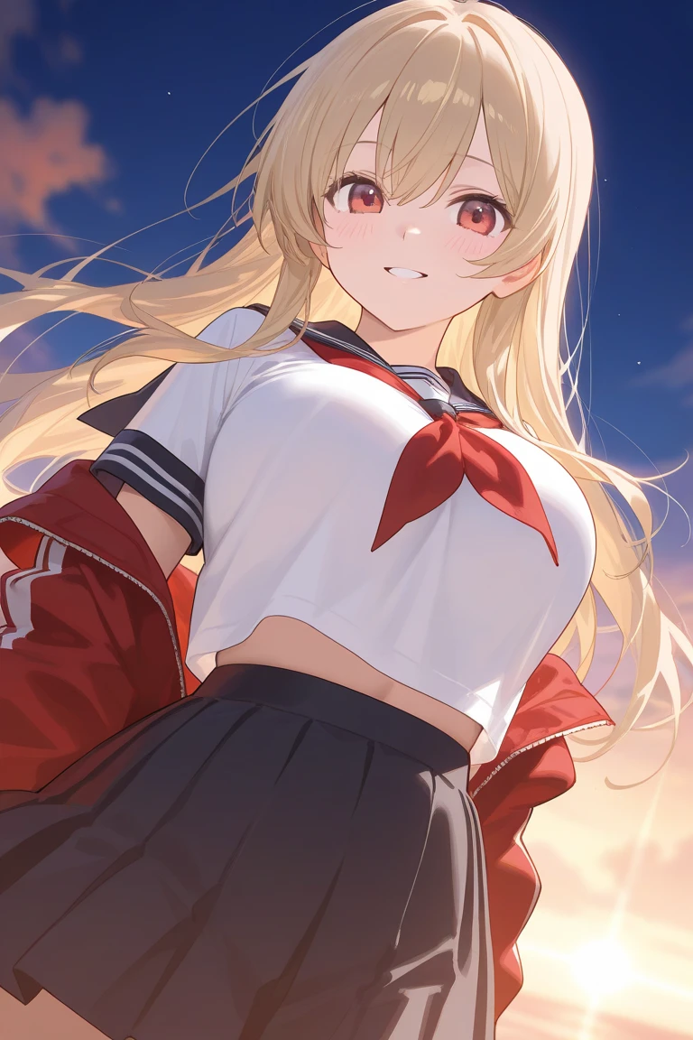 1girl, flustered, dusk, portrait, from above, detached sleeves, makilora,  <lora:makilora_charaLoRA_XL_AMGold:1:lbw=1,0,1,0,1,1,1,0.8,1,0,0,0>