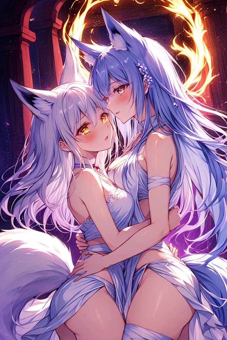 Magic Kiss.Red lips,love,2 girls,Fox ears,Kiss each other,antipodeans,black and white,Lace Bikini,Sea of violet flowers,Grand scene