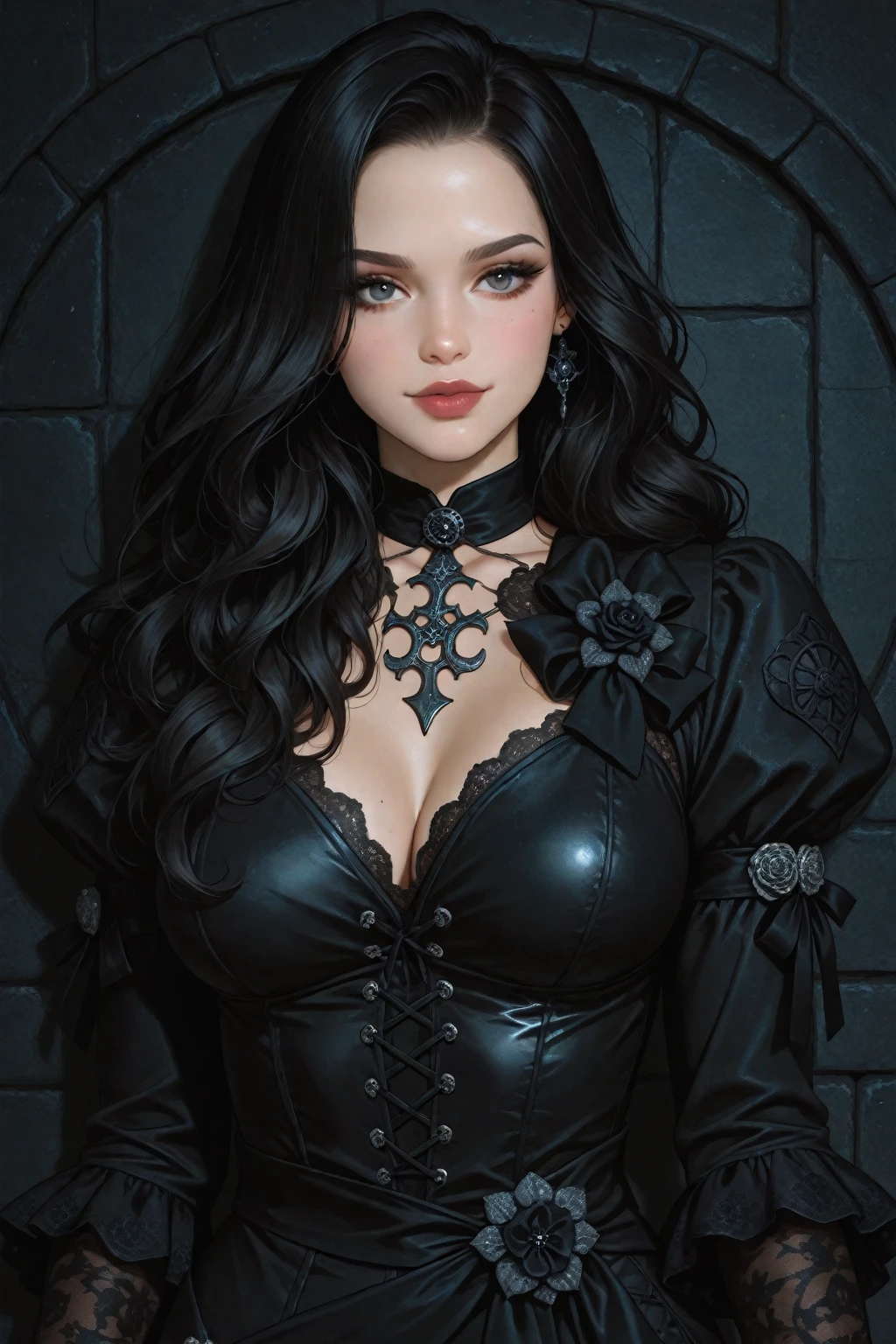 masterpiece, gothic aesthetic, dream atmosphere, ultra realistic, 16k, best quality, absurdres, perfect anatomy, 1girl, goth brunette, voluminous silky hair, goth makeup, bright red eyes (intense look), pale-white skin (highlighted), realistic shading, solo, Caera, red eyes, black t-shirt, large natural breasts cleavage, large hips, black mini skirt, tights (realistic textures), pretty seductive, upper body, beautiful girl, happy, inside a medieval castle, different poses at different angles, blurred background, cinematic, Photorealistic.