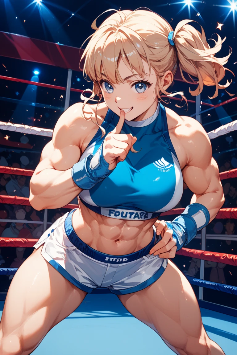 score_9, score_8_up, score_7_up, source_anime, (masterpiece), highly detailed face,best quality,1girl, solo, mature, (female fighter), muscle, athletic body, erotic body,large hair,ponytail, large breast, skimpy oufit, fighting pose, ahoge, standing, action,kick, looking at viewer,smirking,confident, dominant,from below