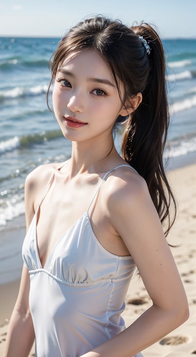 Beach,resort,white bikini,Close up face,One woman,masutepiece, The highest image quality, High quality, the background is clear,Beautiful woman, Japanese, Detailed, Detailed eyes, Detailed skin, Beautiful skin, 超hight resolution, (reality: 1.4),Very beautiful woman, Slightly younger face, Beautiful skin, slender, (Ultra photo realsisim), (hight resolution), (8K), (Very detailed) (beautifully detailed eyes), (super detailed), (Detailed face), view the viewer, Fine details, Detailed face, Staring straight ahead, Staring straight ahead, photos realistic, Bright lighting, Professional Lighting, Black hair,poneyTail,a baby face,fifteen years old,Hairstyle: ponytail,Long ponytail hairstyle,slight smile,neat and tidy clothing,Beautiful Japanese KPOP idol photo, hair style is ponytail, my eyes are double and wide, baby face, smile and look straight ahead, slender, small breasts,Close up face,