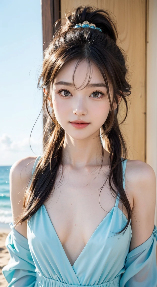 (8k, Highest quality, masterpiece:1.2), (Realistic, photo-Realistic:1.37), Very detailed, 1 girl,cute, alone,Beautifully detailed skies,date,(Red Nose),(smile:1.15),(Mouth closed) ,Beautiful details, (Long Hair:1.2),Floating Hair NovaFrogStyle, Upper Body, Tank top