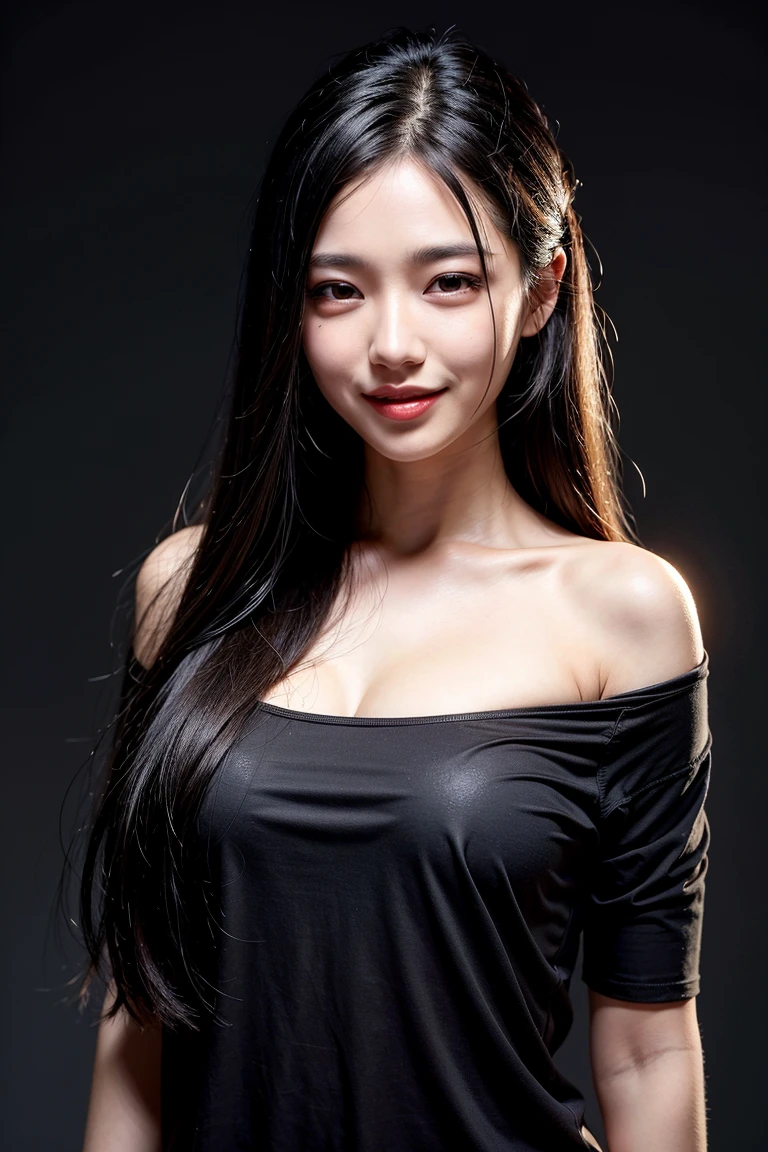 masterpiece, best quality, photorealistic, raw photo, 1girl, Black Long hair, Large breast, Black Muscle Shirt , light smile, detailed skin, pore, simple background, Upper-body, facing the viewer, close-up