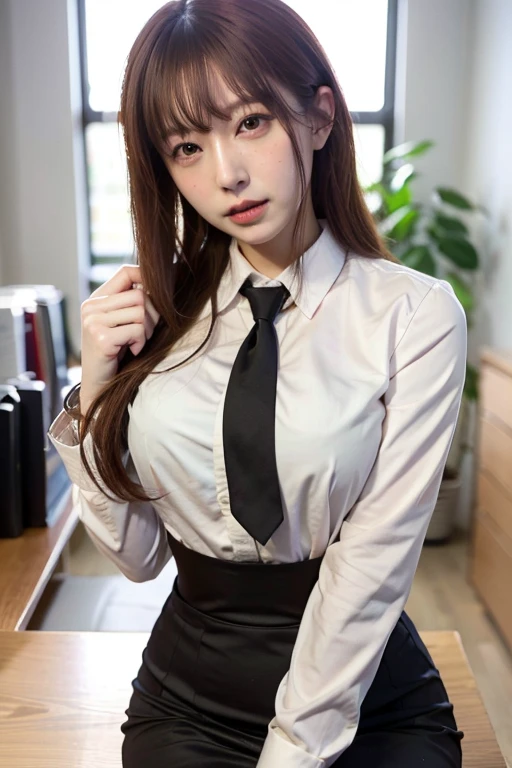 ((high quality)), ((Tabletop)), (Detailed face), (highlight), Asian Girl、Big breasts、thigh、Black Hair、Heavy bangs、high school girl、skirt、blazer、