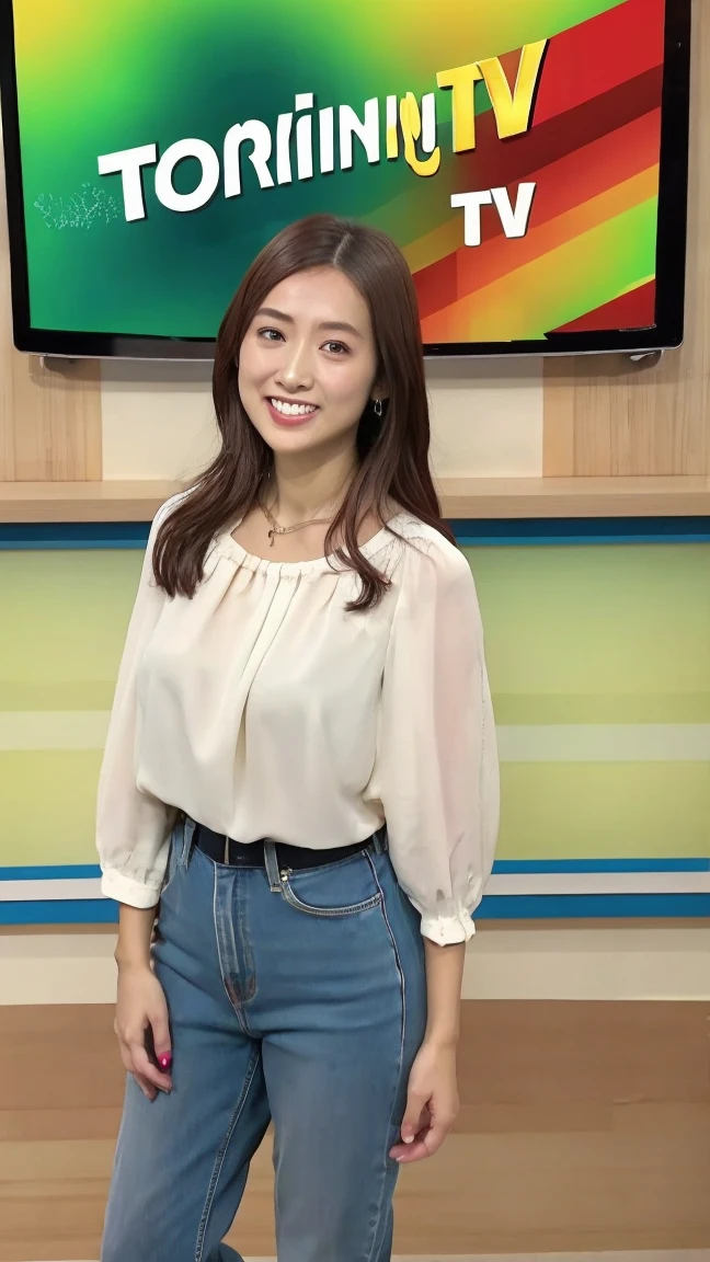 (Tabletop, Highest quality), A Japanese woman in her 40s is standing., Close-up photo focusing on upper body、T-shirt and jeans The hem of the T-shirt is tucked into the jeans., necklace, Short Bob Cut Hair, Beautiful Eyes, Open your mouth, Happy, Perfect slim fit body, Hotel lounge, Bright colors、Full Body Lesbian、(smile:1.2)、