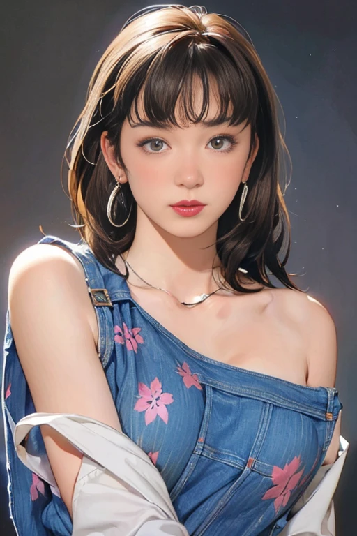 ((top-quality、8K、masterpiece:1.3、超A high resolution))、(Clear focus:1.4)、BREAK、A Japanese Lady、a baby face、1 persons、full body Esbian、light skinned、((dark brown hair))、bob cuts、Break HA、(Denim jacket and boyfriend jeans:1.5、Detailed fabrics)、Break HA、hand bag、lowfers、Break HA、Super fine face、A detailed eye、Narrow-eyed、double eyelid、Break HA、Reddish cheeks、Detailed skin、Sweating、Lustrous skin、glowy skin、Shine skin、Shaded skin、glowy skin、Wearing makeup、Break HA、ruddy lips、Laughing、(Colossal tits:1.1)、Beautiful leg line、looking in camera、BREAK、(Detailed background、Detailed background、restaurant:1.5)、The wind is blowing、morning、Winters、Natural lighting, large breasts, cleavage
