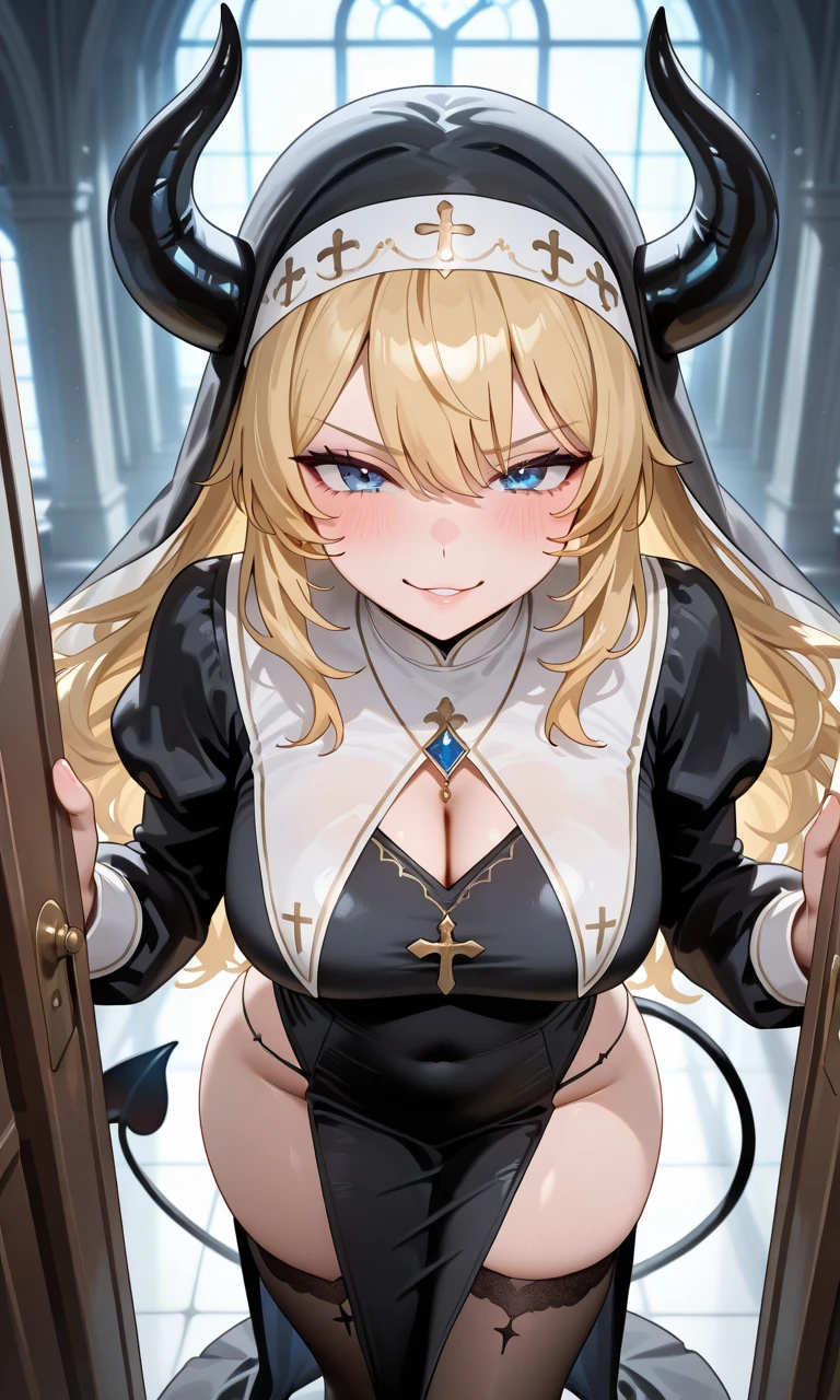 (masterpiece, best quality:1.2),illustration,8k,hd,city,1girl,solo,cowboy shot,long_hair,blonde_hair,bangs,hair_between_eyes,large_breasts,red_eyes,blush,nun,horns,cleavage,light smile,<lora:Implacable(azur)>,