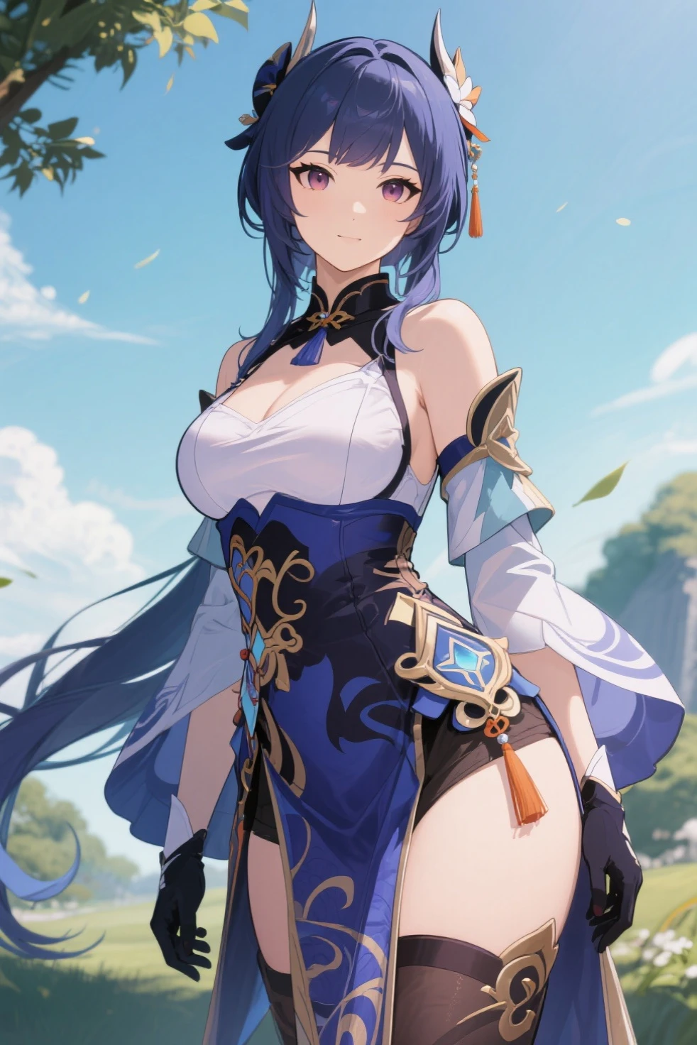 young girl, blue hair, roman desing, white top, blue bracelets, tattoed arms , yellow eyes