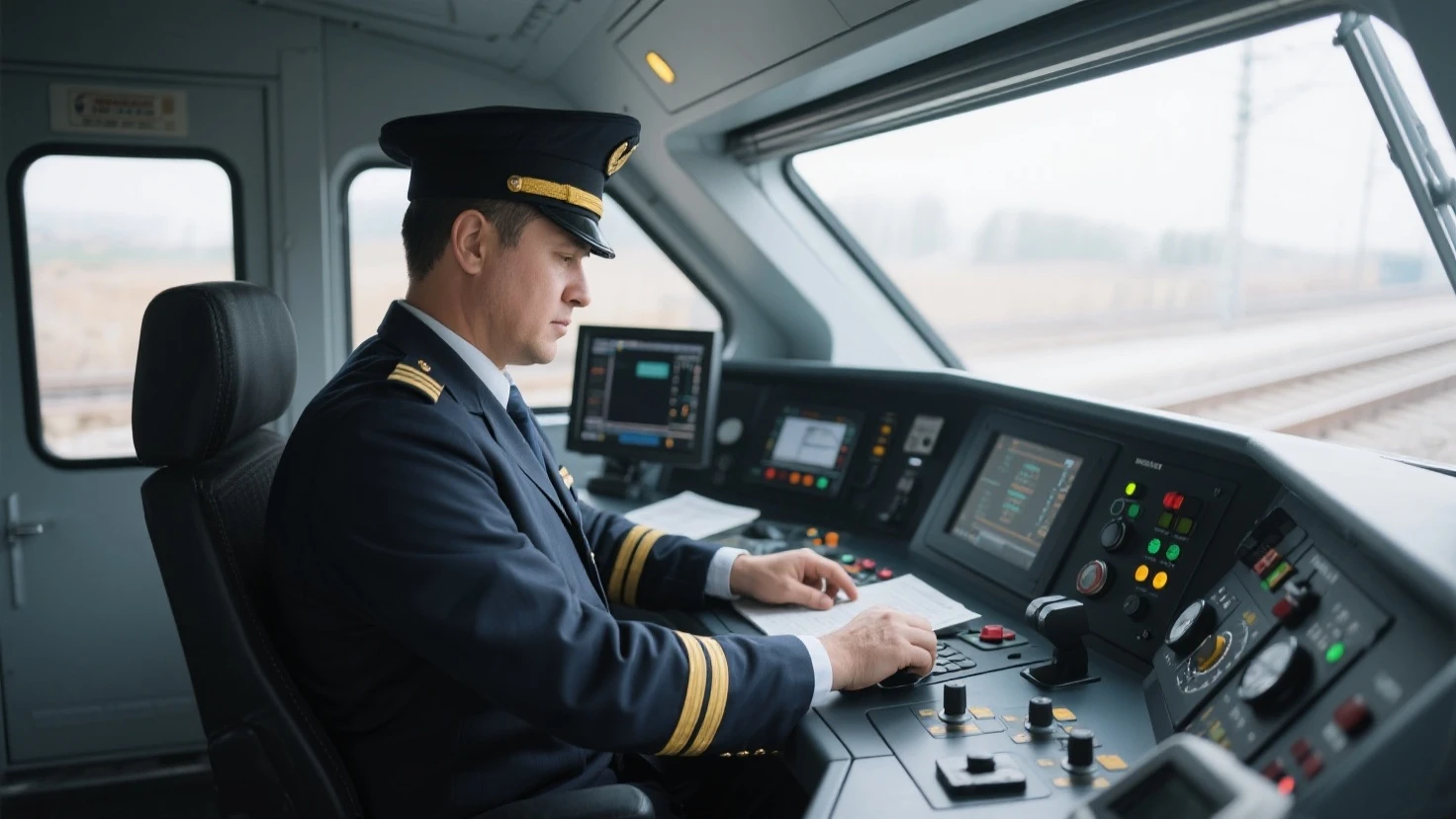 8k UHD, DSLR, High Quality, Photography ,Arafed A man in uniform sits at the control panel on a train, professional work, a driver, (the man is depicted in profile)Andrey Ryabovichev, Maxim Shirkov, Alexey Gurylev, photo taken in 2 0 2 0, Konstantin Porubov, interesting background, inside the train, Andrey Surnov