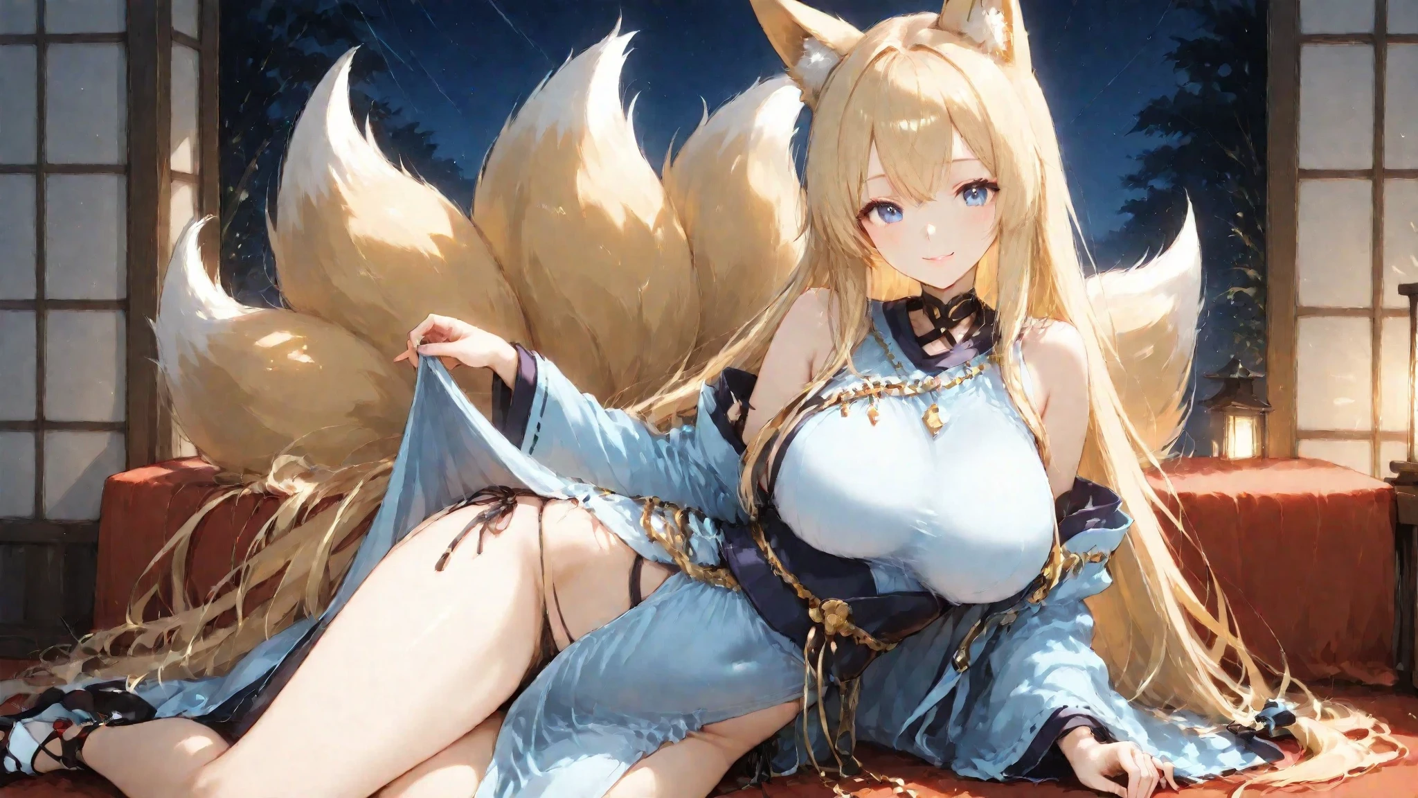 Highest quality, masterpiece, Ultra-high resolution, female、Big Breasts、Fox Beastman、巫female、Kemomimi、tail、sit down