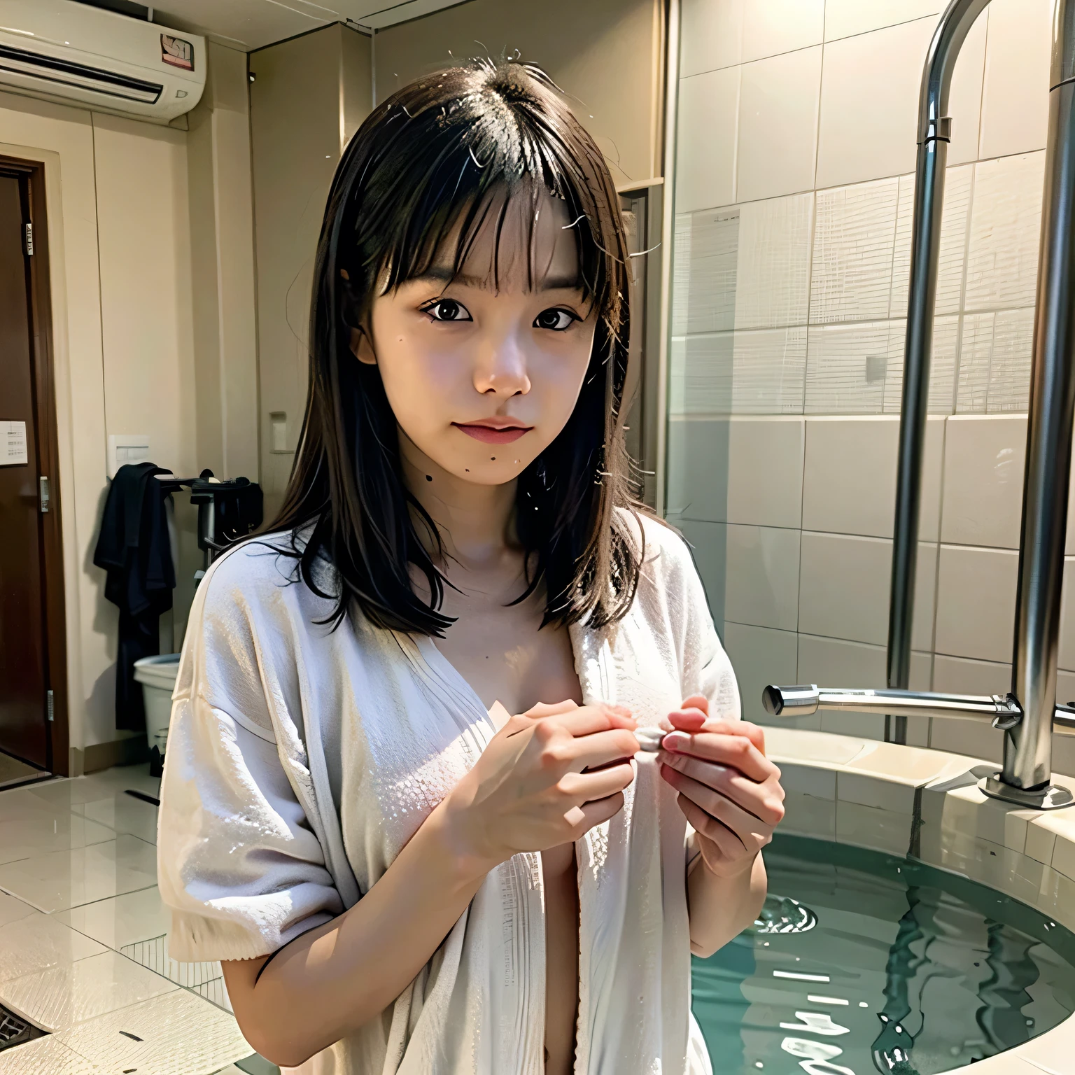 背景は日本の伝統的なPublic bath(Public bath)。The character is wrapped in a towel over his body、getting ready to take a bath。long hair、dark haired、black eyes。