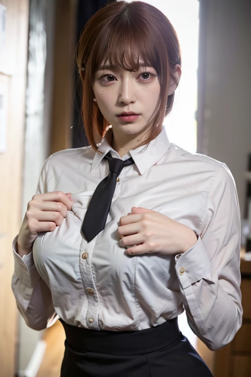 (best quality, master part, fullcolor, Dynamic angle, highest detailed) upper body photo, glad, (Makima, chainsawman), handsome fashion photography (red  long hair) Kizi (Stunning mature woman), ((Massive medium breasts)), High Dress Up Detailed Office Makima Suit, white shirt black tie(high resolution textures), in doggy pose, bokeh, (details Intricate, hyperdetailed:1.15), circunstanciado, sunlight passing through hair, office background, (offcial art, extremely detaild, highest detailed),
