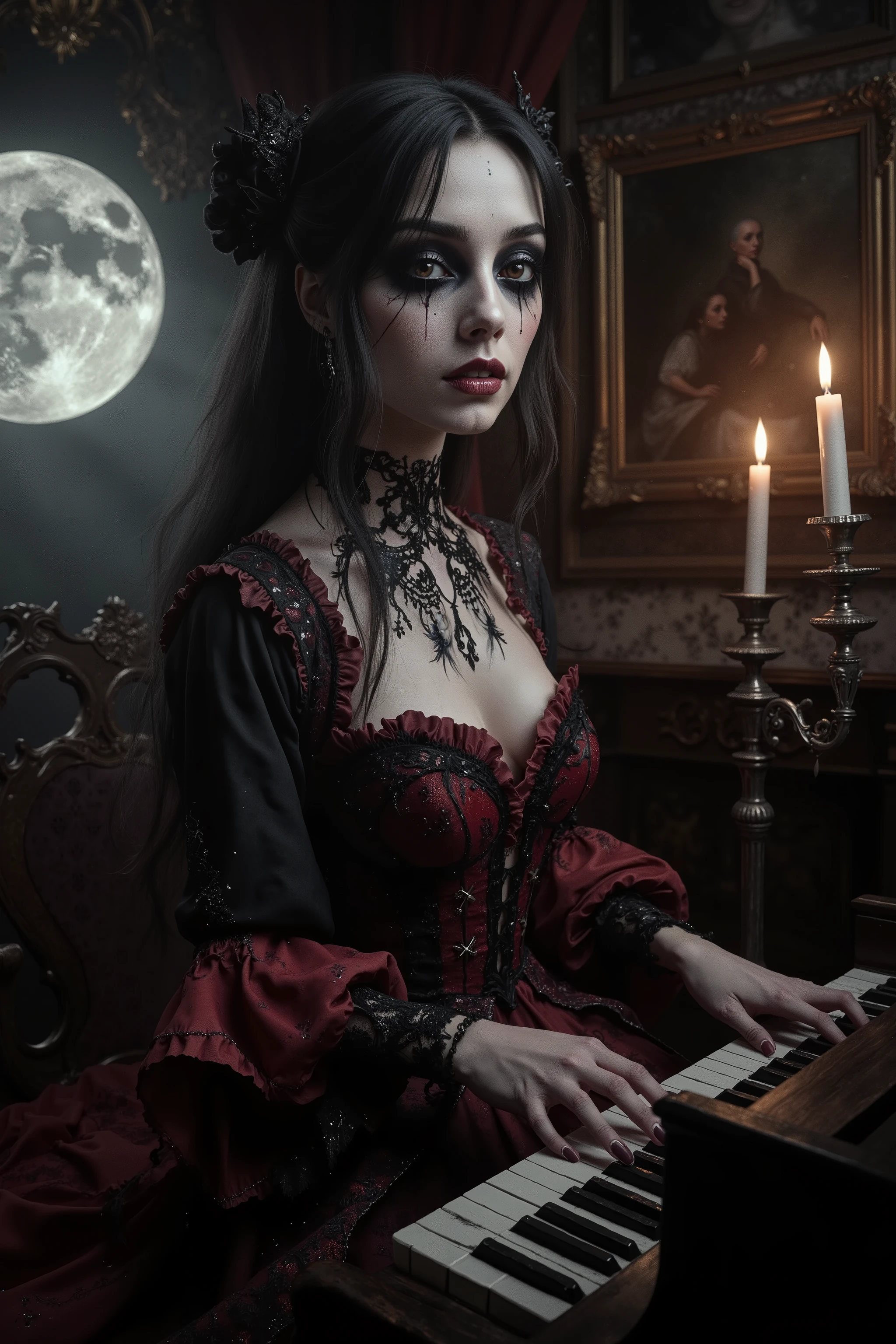 Ultra attractive gothic woman, hypersenual pose, moody atmosphere, gothic/victorian style dress, black and scarlet, ultra-realistic,photo-realistic,ultra-detailed, physically-based rendering, detailed portrait of a beautiful gothic woman with pale skin, dark makeup, piercing eyes and an intense expression, wearing an ornate black and scarlet,victorian-style dress,playing the piano, fingers a flurry of activity, with direct eye contact, a small  knowing smile, lit candles, silver candelabras, full moon seen from the window, atmospheric background with victorian-style furniture and dark fantasy art oil paintings, extremely gothic/darkside fantasy, vampire dramatic, dramatic_lighting, highly realistic, extremely detailed, 8K, HDR, studio lighting, vivid colors, ultra-realistic, photo-realistic, ultra-detailed, insane 3D realism, cinematic photography, cinematic portrait, portrait photography, cinematography, full focus, UHDR, highres, startling presence, icon style, intricate facial features,  intricate eyes, black eyeshadow, black makeup, ornate gothic interior, professional movie quality imagery, ominous presence, otherworldly atmosphere, surreal elements, disquieting, startling, unnerving, macabre, fantasy art, highly morbid, melancholic, cinematography, grotesque beauty, gothic beauty, nightmarish imagery, masterpiece. 