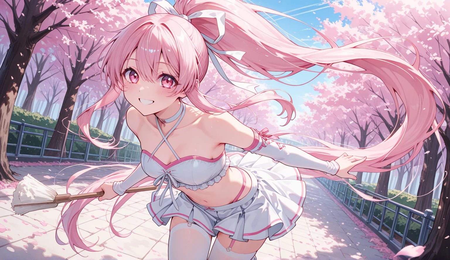 Pink cherry blossom magical girl with tan skin short and a sakura magical gir wand or weapon 