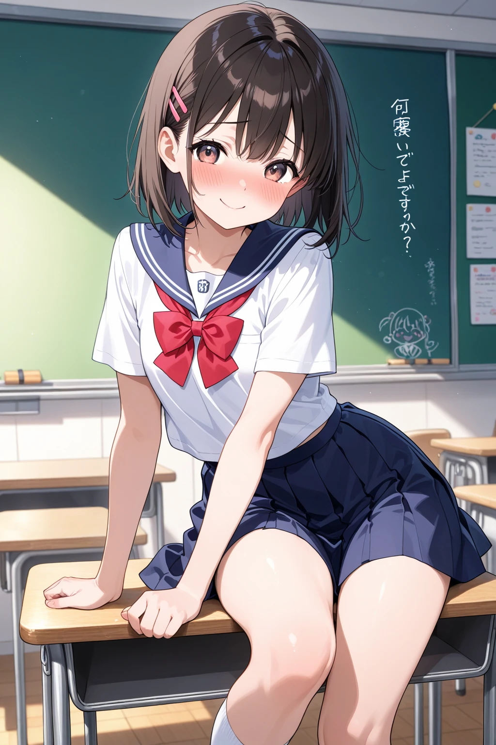 nsfw,alone, (One girl), Elementary school girl,8-year-old, ((White panties)), (wearing only the top half of sailor school uniform), Sailor with un-folded hems,  sexy, (Cowboy Shot),  ((Put your arms behind your head)), classroom, With a girl：hair is black and short, Her face is round and cute。It&#39;s below the knee。The shoes are black loafers。The girl had a surprised look on her face, Joy and emotion.、With eyes wide open, Open your mouth, Tears were reddening her cheeks, The cheeks and hands are drawn large., Black Hair, Low twin tails, (Are standing),(Shy, Embarrassing),Sit on a chair、Spread your legs、