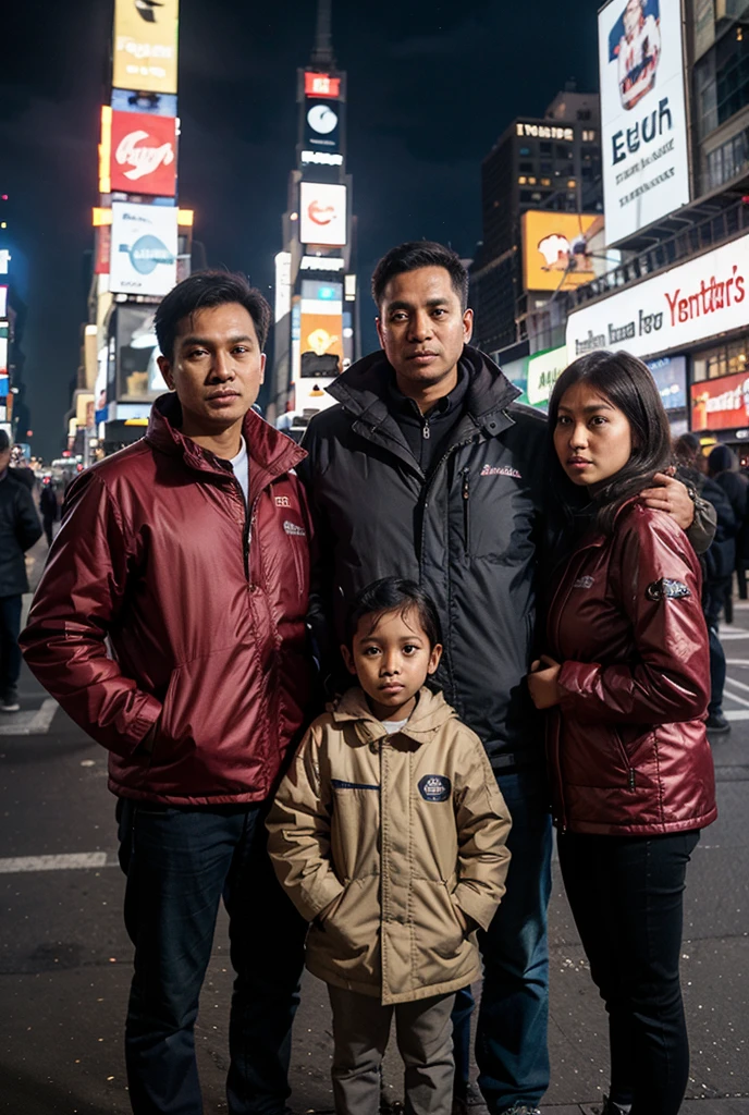 best realistic, a young Indonesian mother with a slightly fat body, wearing a hijab, and her husband, three children aged (12 years), (7 years), and (3 years), wearing a white t-shirt, black jacket, black pants, again in the photo downtown neu york, 34k ultra full hd.