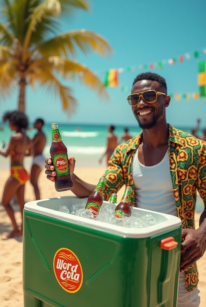 (photorealism: 1.2), handsome Cuban, beautiful and athletic body, standing next to a beach bed, the bed is made of wood with beige cushions, under a guano umbrella, dark skin color, curly hair, with a green shorts, holding with his left hand and drinking a can of beer, the can is green, the can has no signs, he is on the beach, on a sunset, natural light with two beautiful Cuban women, with beautiful bodies, sitting on the bed from the beach, the bed is made of wood with beige cushions, under a guano umbrella, dark skin color, curly hair, they wear a green bikini, she holds and drinks a can of beer with her left hand, the can is green, the can has no signs, the beach is lit, on a sunset, natural light, everyone is sharing, drinking and laughing together like best friends, everyone's clothes are green