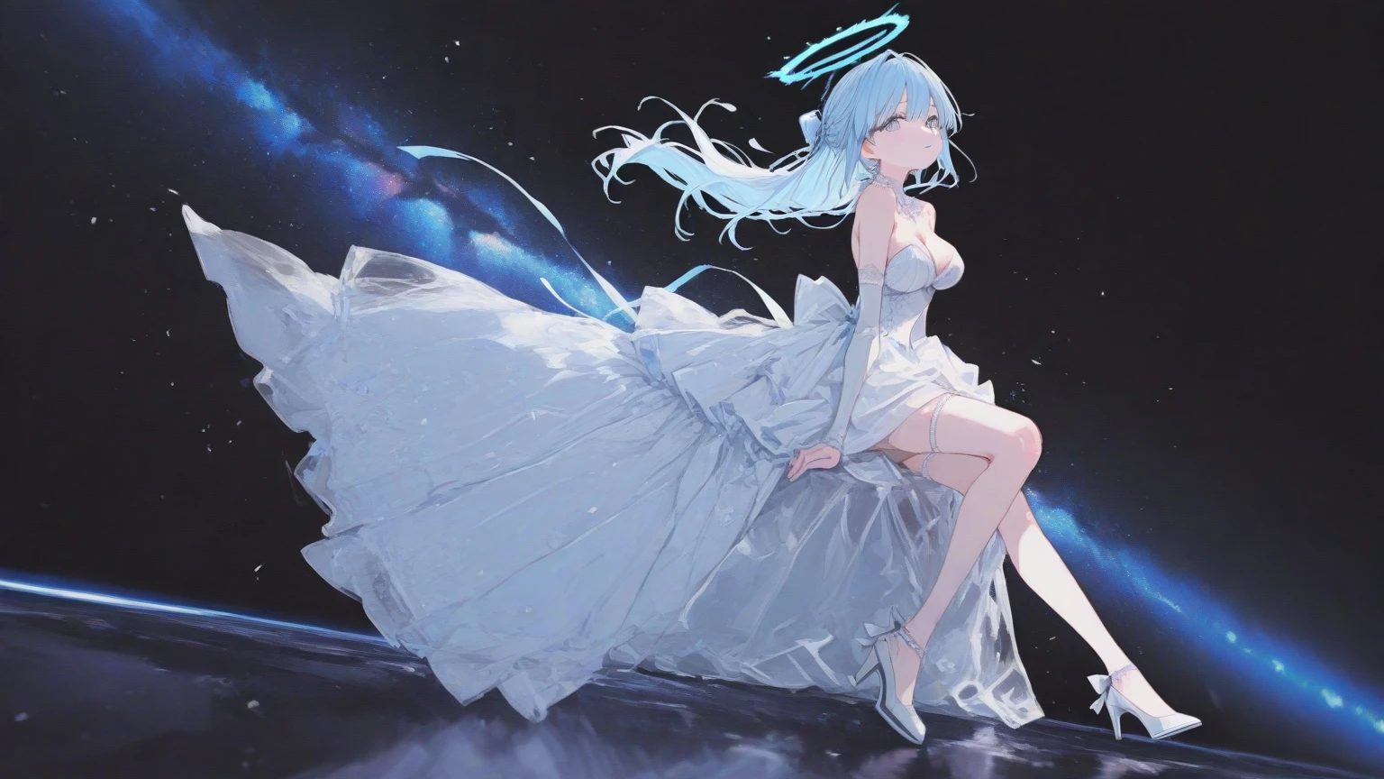 1girl, landscape, city, lights, reflection, standing, in the middle, high quality, highres, absurdres, masterpiece, best quality, crystal, star \(sky\), afternoon, crystal dress, shooting star,