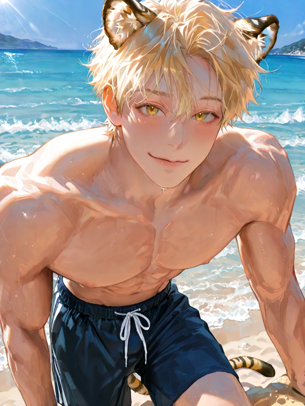 (highres:1.2), blonde hair, detailed facial features, muscular physique, tall height, standing on sandy beach, waves crashing in the background, ocean horizon stretching into the distance, golden sunlight illuminating the scene, gentle sea breeze blowing, calm and serene atmosphere, hazy distant mountains, minimalistic beachwear, relaxed body posture, shoulders slightly slouched, hands hanging loosely by his sides, toes digging into the sand, firm and defined calf muscles, prominent back muscles, sunlight casting shadows on his body, faint outline of his manhood visible between his legs, confident and determined gaze looking behind, intense focus in his eyes, masculine charm, rugged and outdoor adventurer look, hint of mystery in his expression.