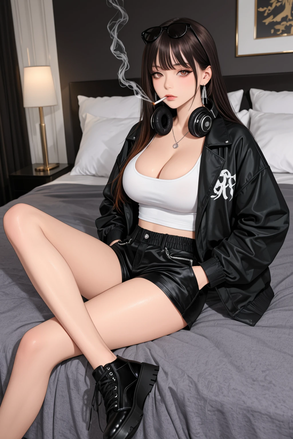 (((Misako Renbutsu)))Beautiful Young Female with ((Twin Braids) covering Bust) (Flashing Crotch) on ((Dusk Train)), (extremely delicate and beautiful) Detailed Closing Texture, Professional portrait of SemiNude photography, (((Unbuttoned cardigan with beltbra:1.37)White AthleticShorts)Navel), (sitting_chair) {leaning back|(knee up to chest)}, (Motion blurred window){(Tyndall effect)|lens flare|Haze|bokeh} ZoomLayer (Oodles Blurred Colorful Lights (Starry particles)), (TopQuality Masterpiece of 8K Ultra-detailed DigitalPainting by Jeremy Lipking), (Clearly visible the Shape of Crotch), (extra leg:-1)
