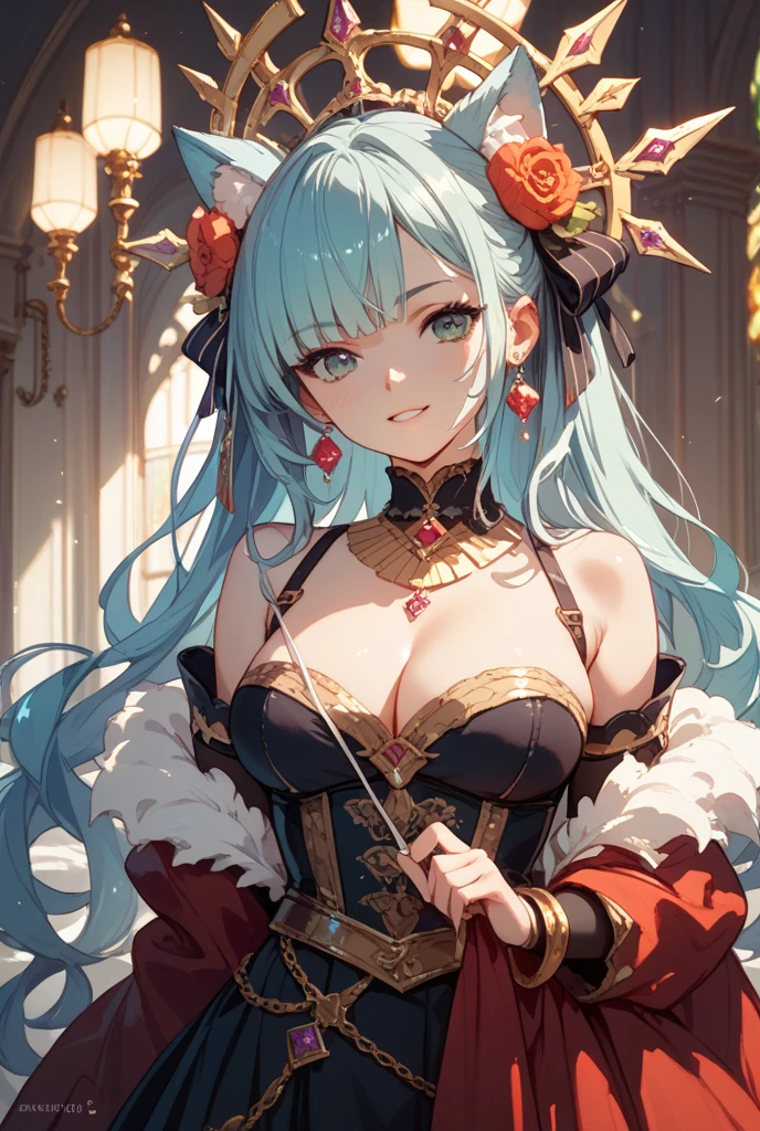 One person, narrow, Fox Ears. Six fox tails behind her, Blue Hair, Long Hair, Blue fur, Big Breasts, sexy, Attractions, ((Blue face mark)), Red eyes, Messy Hair, Medieval dress, Red dress, He ran, (Captivating smile), Excited, Heart-shaped pupils
