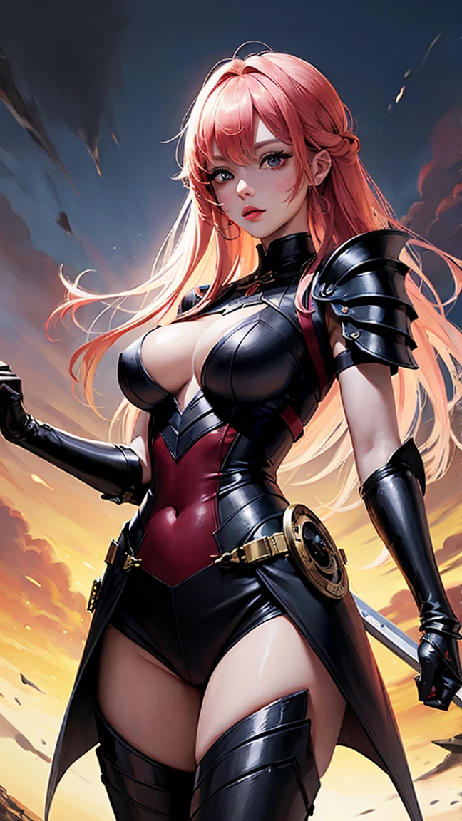 (looking at viewer:2),(1girl,full body,trained abdominal muscles,beautiful breasts,(gigantic breasts),pale skin,(pointy breasts:1.2),erect nipples,sweat,(outstretched hand:1.2)),((clothed:1.2),leather boots,(carbon waist-cape armor:1.5),belt sword,(embroidered rash guard:1.5),(long silk sarong:1.2))),(((photo realistic:1.2),high resolution,best quality,masterpiece)),((extra long hair:1.5),hair blowing in the wind,blunt bangs,(extra light coppery red hair,highlight color),hair over one eye),(face forward:1.5,prepare a sword),(water:1.2,sunlight:1.5)
