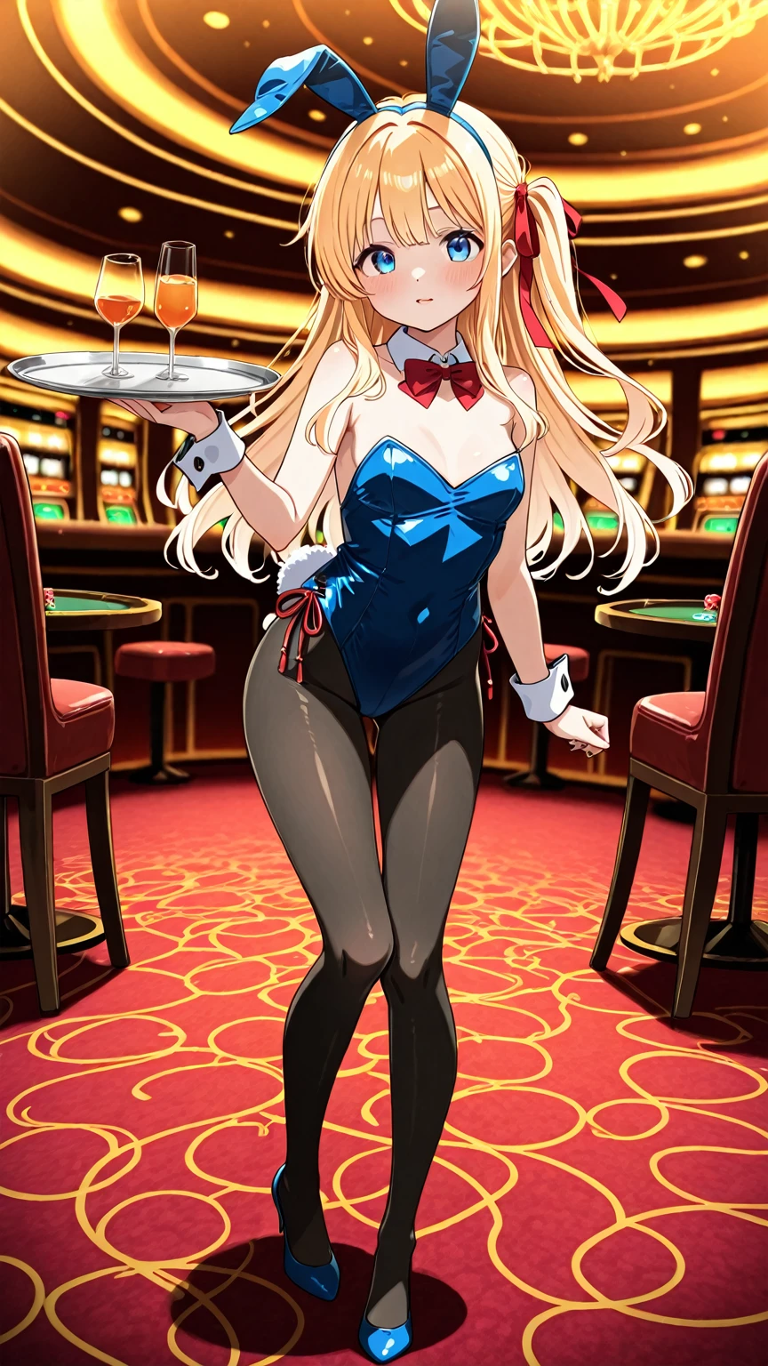 bestquality, masterpiece, very precise details, Absurdres, very fine 8KCG wallpapers, extremely delicate and beautiful girl, highly detailed character, incredibly beautiful, Extremely Delicate and Beautiful, intricate detailing, Transcendent Beautiful Girl, playboybunny, Rabbit ears, Rabbit tail, (Red Leotard), blond hair, Long, Wrist cuffs, (fishnet tights), (Red High Heels), Charming smile, casino, Roulette table playing cards and coins,