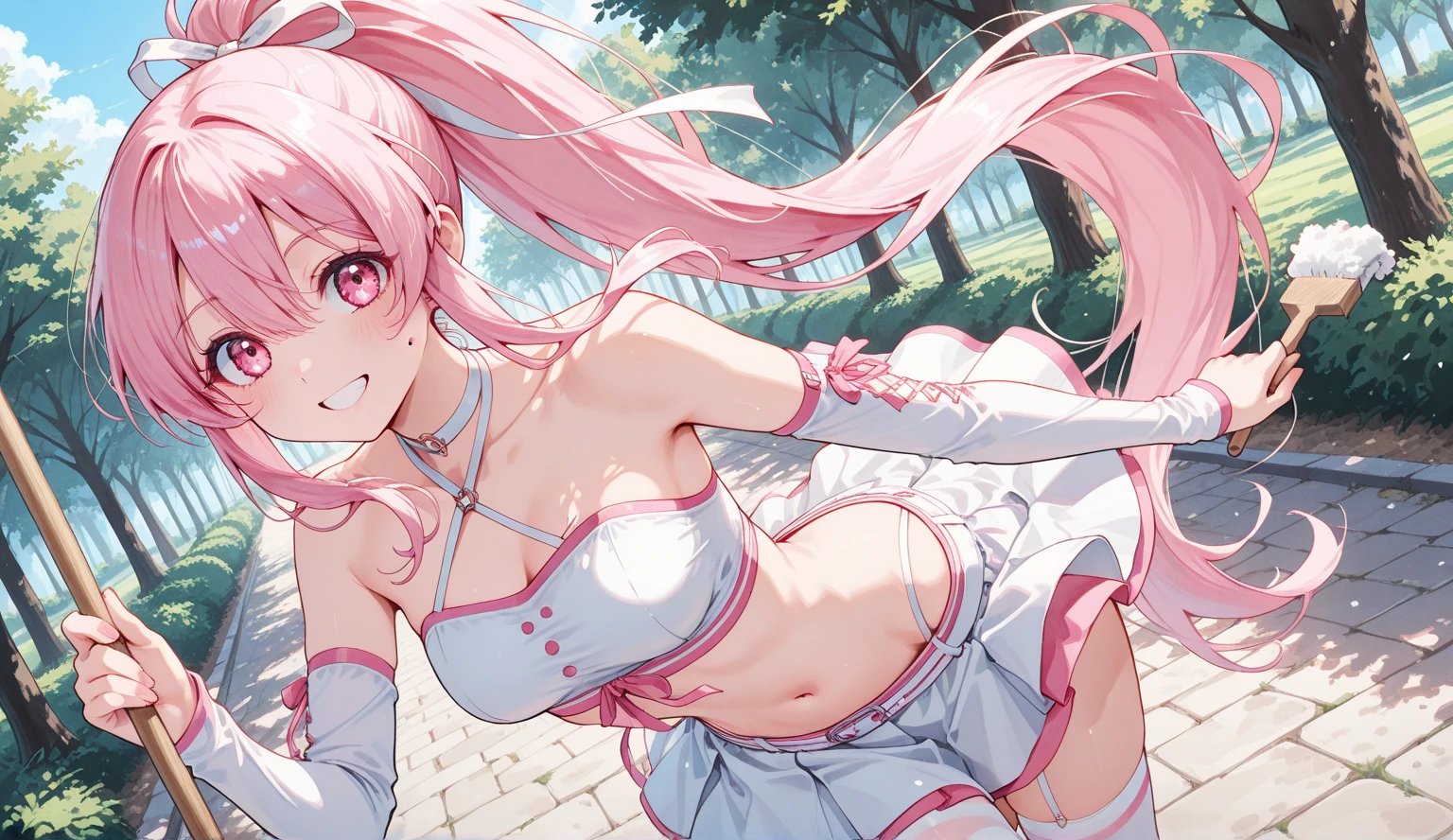 8k,Highly detailed CG unit wallpaper,masterpiece:1.2,Highest quality,Ultra-high resolution,RAW Photos,Cinema Lighting,absurdres, BREAK,nsfw, hetero, ass pov, (from above), fellatio, face to short penis, deep throat, a girl,20 year old beautiful girl、Medium Breast、Pink Hair、Long Hair、Cute like an idol、Beautiful eyes,White tank top,Grey leggings,grass、