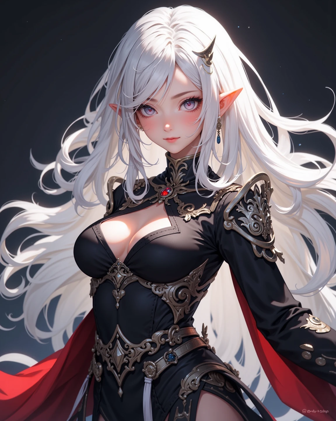 White elf girl, very long flowing hair, white eye color, small eyes, realistic human eye shape, round eye shape, eyeliner, realistic face shape. black lace low cut lace shirt, portrait, wearing a black hood, black background, chest showing, NSFW, Depth of Field. looking at camera, dreamy look detailed eyes, detailed face, detailed skin, Ultra Detailed, Beautiful and Aesthetic, Masterpiece, Best Quality, shoulders showing. lace fabric, round chin shape. wearing black hood over hair. showing full upper body and face. wearing a black hood. hips showing, flairs in background, zoomed out. full body showing. hips exposed.