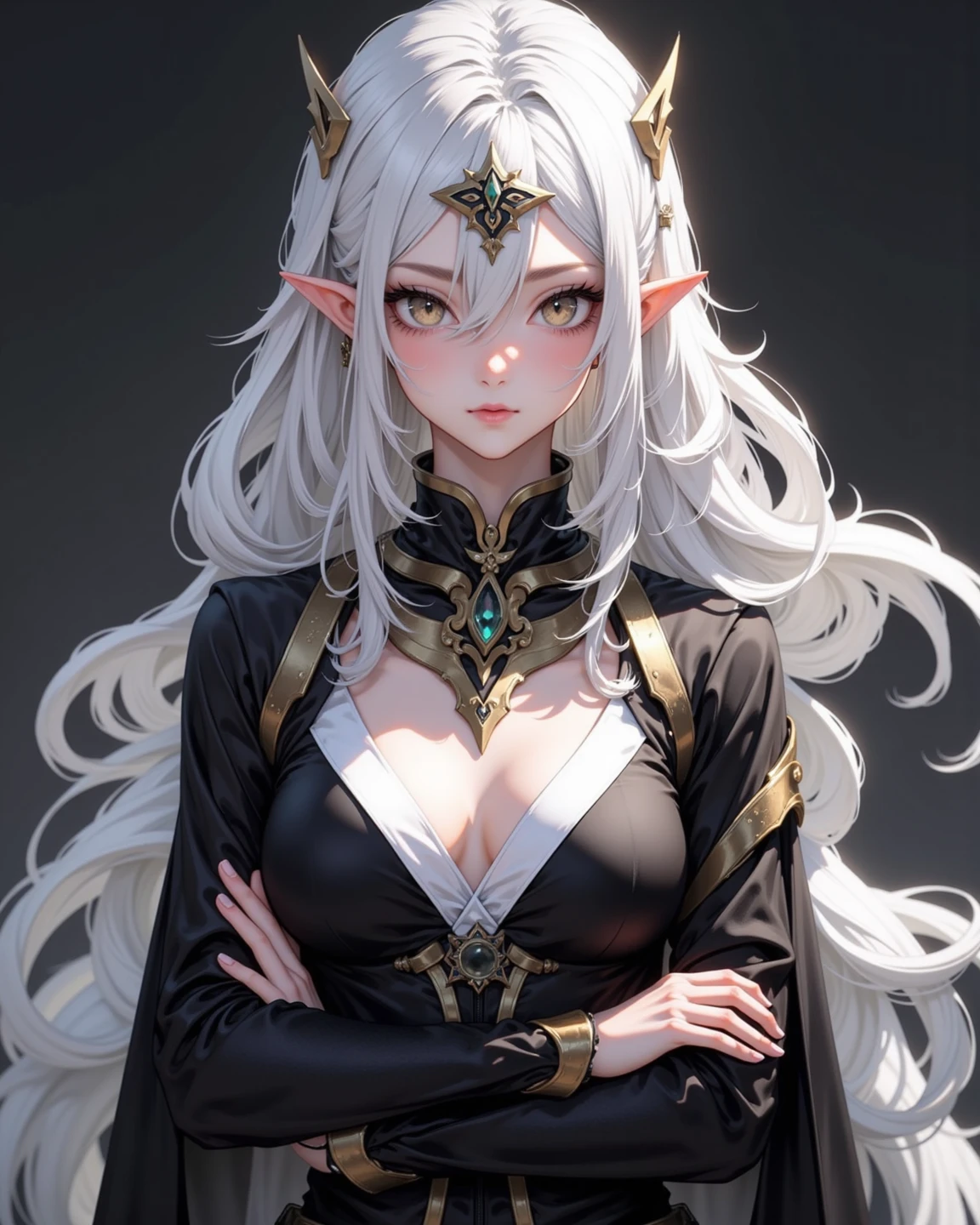 White elf girl, dark grey hair color, very long flowing hair, grey eye color, small eyes, realistic human eye shape, round eye shape, eyeliner, realistic face shape. black lace low cut lace shirt, portrait, wearing a black hood, black background, chest showing, NSFW, Depth of Field. looking at camera, dreamy look detailed eyes, detailed face, detailed skin, Ultra Detailed, Beautiful and Aesthetic, Masterpiece, Best Quality, shoulders showing. lace fabric, round chin shape. wearing black hood over hair. showing full upper body and face. wearing a black hood. hips showing, alot of flairs in background, zoomed out, hips exposed, black and gold. glowing, wearing a black face mask.