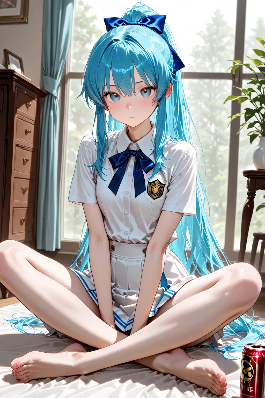 Masterpiece level, highest quality, little loli, white sailor suit, small leather shoes, double ponytail, seated, full body, ((cute), sexy, long blue hair, large, ultra-see-through, (thighband pantyhose, white pantyhose: 1.3), miniskirt, (textured skin, anatomically correct, masterpiece, UHD, ccurate, high details, super detail, high quality, best quality, highres, 1080P)),outdoors,(,Skin Radiance,Skin Quality:1.6)(14 years old), (Loli), (Fair Skin, (Beautiful Girl: 1.5), (Skin Quality: 1.5), ( Glossy Skin: 1.3), (Beautiful Girl), (Superb Body), Short Hair, (Straight Hair), (Blue Hair)), Hair with Beautiful Details, [Blur]