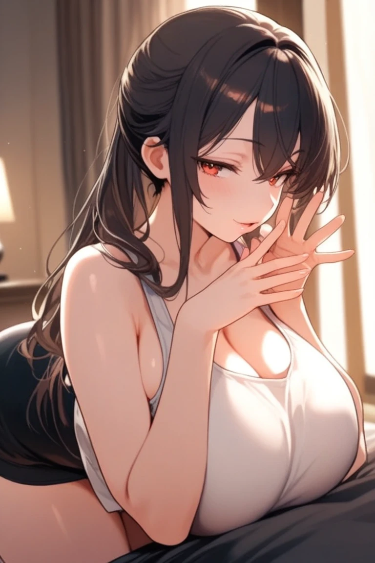 cinematic angle, raising hand, Biologically correct five fingers、Cleavage、Upper Body, Realistic, real person, (pale skin: 1.2), RAW photo, photorealistic, shiny skin, shiny hair、(A 25-year-old woman with medium-length hair and bangs) and (wavy hair) and (brown hair) and (orange eyes) , Wearing a white tank top 、smile, The background is the living room、Alone、Are standing