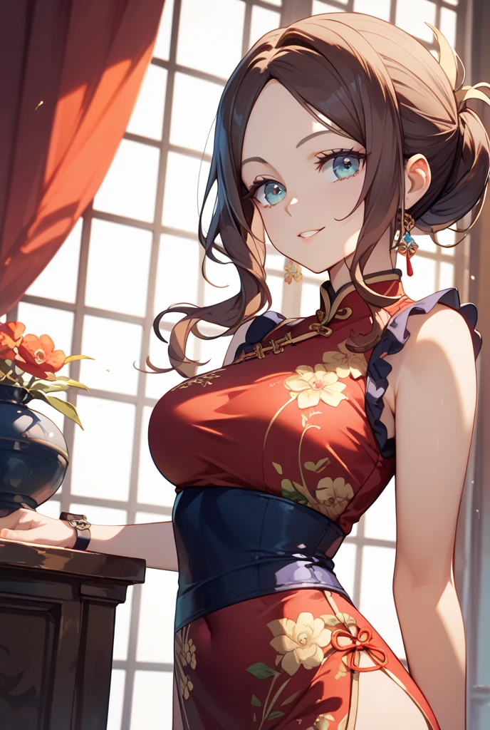 ((Highest quality))、((masterpiece))、(detailed)、One person、sexy、Holding a boy between her breasts、Mature Woman、Black and red cheongsam、