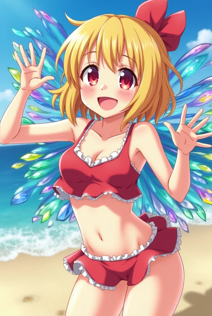 best quality, masterpiece, highres, solo, {hiyori_kotobuki_imocho:1.15}, short_hair, wings, breasts, hair_bow, bow, cleavage, orange_hair, red_eyes, open_mouth, brown_hair, medium_breasts, 1girl, angel_wings, bikini, swimsuit, anime_coloring, yellow_bikini, navel, twintails