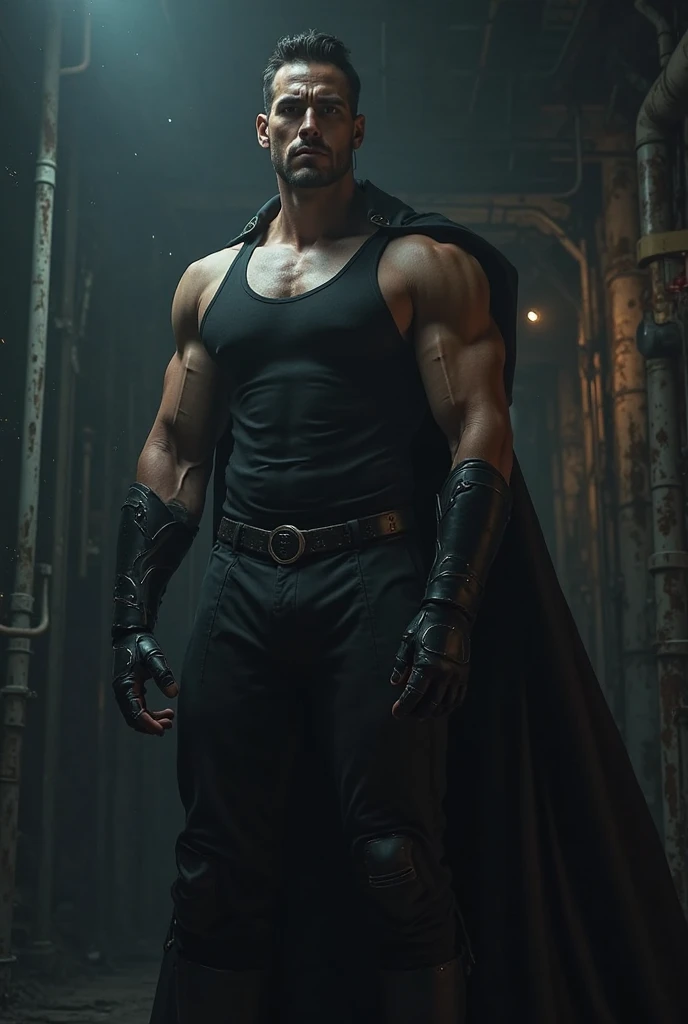 A muscular man in an elegant and mysterious vampire costume, complete with cape and sharp fangs, his imposing presence and piercing gaze reflect a unique combination of seductive charm and dark danger on Halloween night.