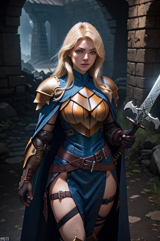 a European girls, Blonde, tanned skin, cold-looking blue eyes, thin face, ripped body, wearing leather light armor, leather legging, highnoon boots, carry a sword by waist and 2 pistol behind waist